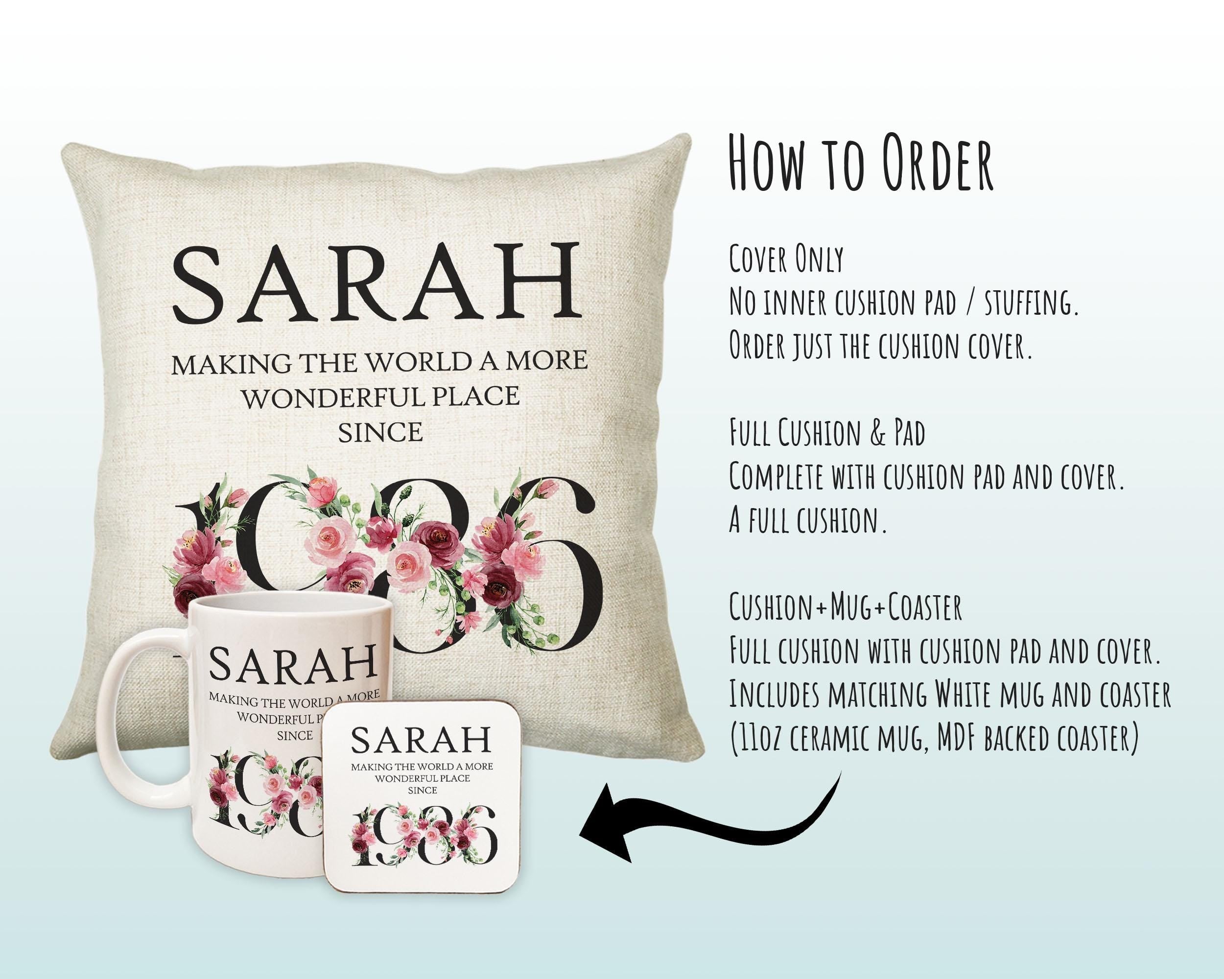 40th Birthday Gift for Women - Personalised 1986 Birthday Cushion Age 40 Gift for Her Ladies Floral Design Mum Daughter Sister Forty BND40C