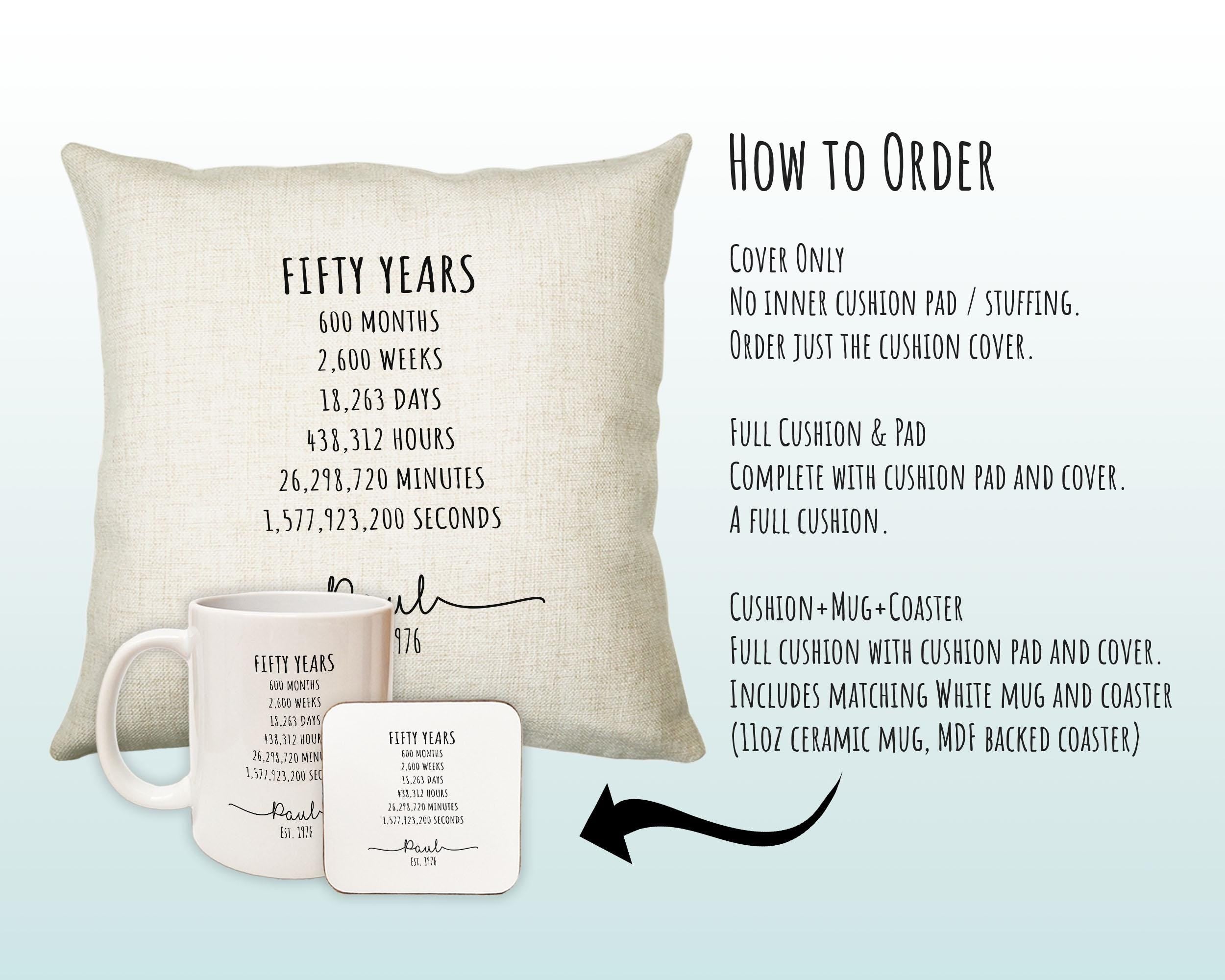 50th Birthday Gift for Men - Personalised Birthday Cushion Age 50 Gift for Him Mens Years Months Weeks Design Son Brother Fifty 1976 BNE50C