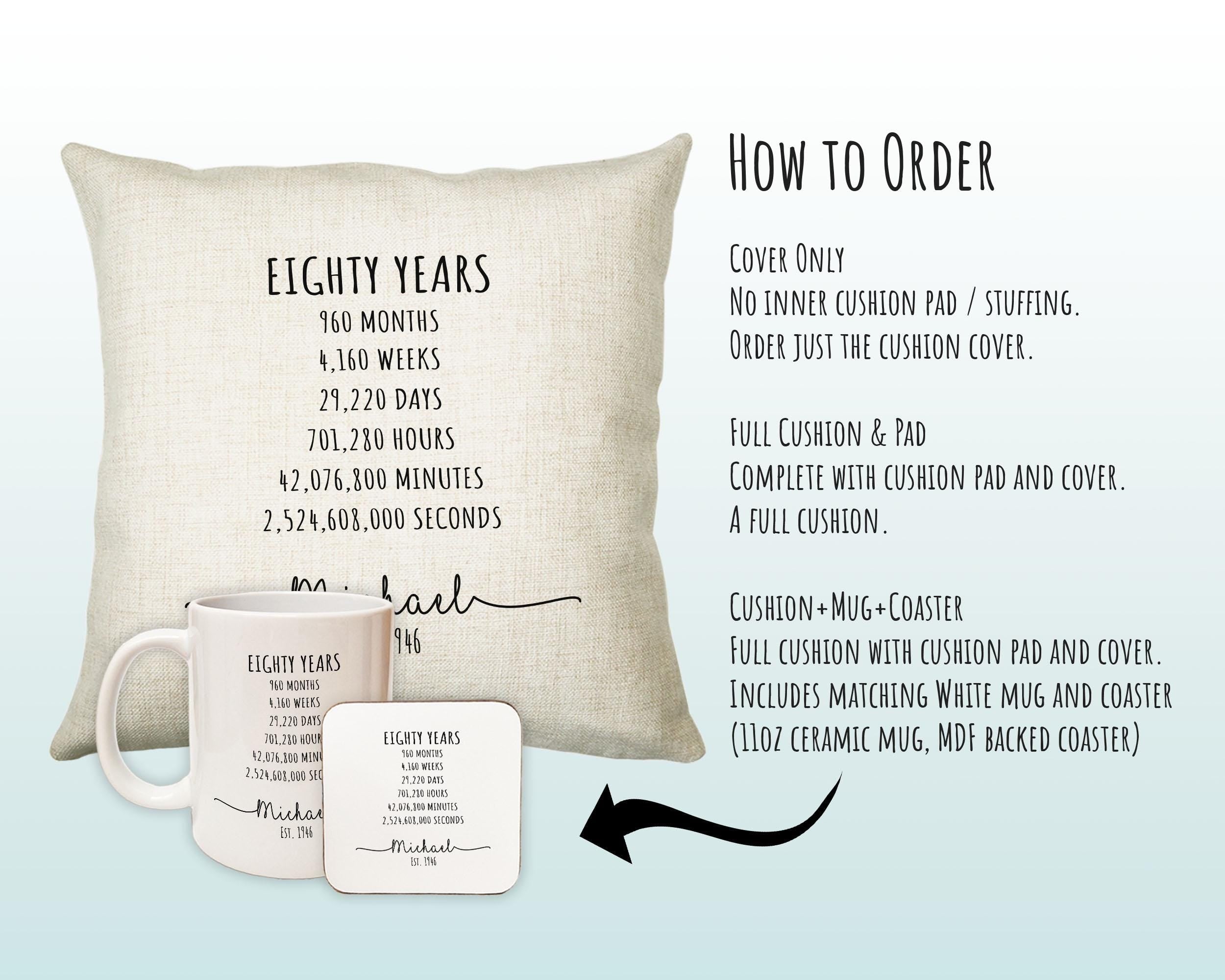 80th Birthday Gift for Men - Personalised Birthday Cushion Age 80 Gift for Him Mens Years Months Weeks Design Dad Grandad Eighty 1946 BNE80C