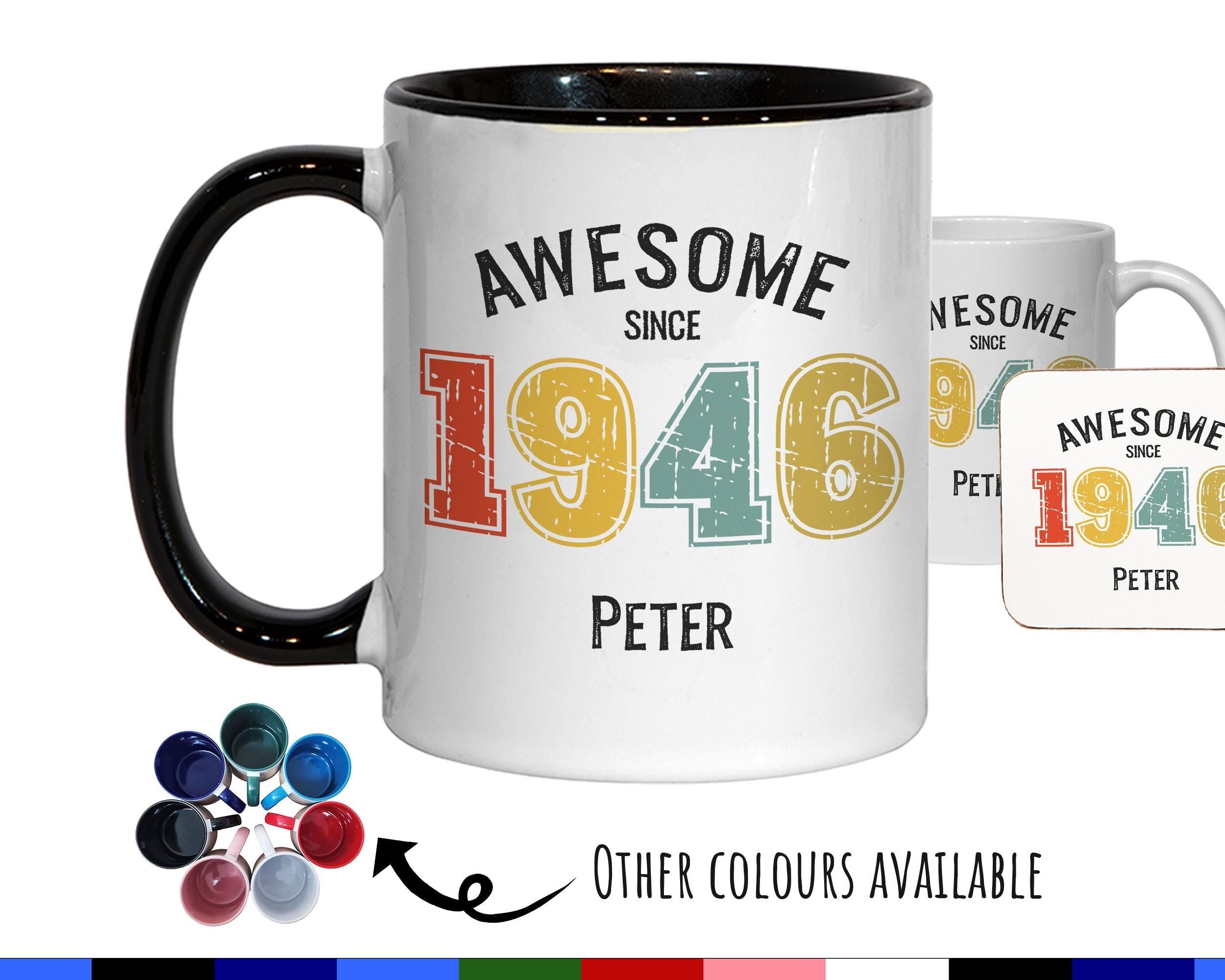 80th Birthday Gift for Men - Awesome Since 1946 Personalised Coffee Mug Coaster Age 80 Gift for Him - Retro Number Design Dad Grandad BNG80M