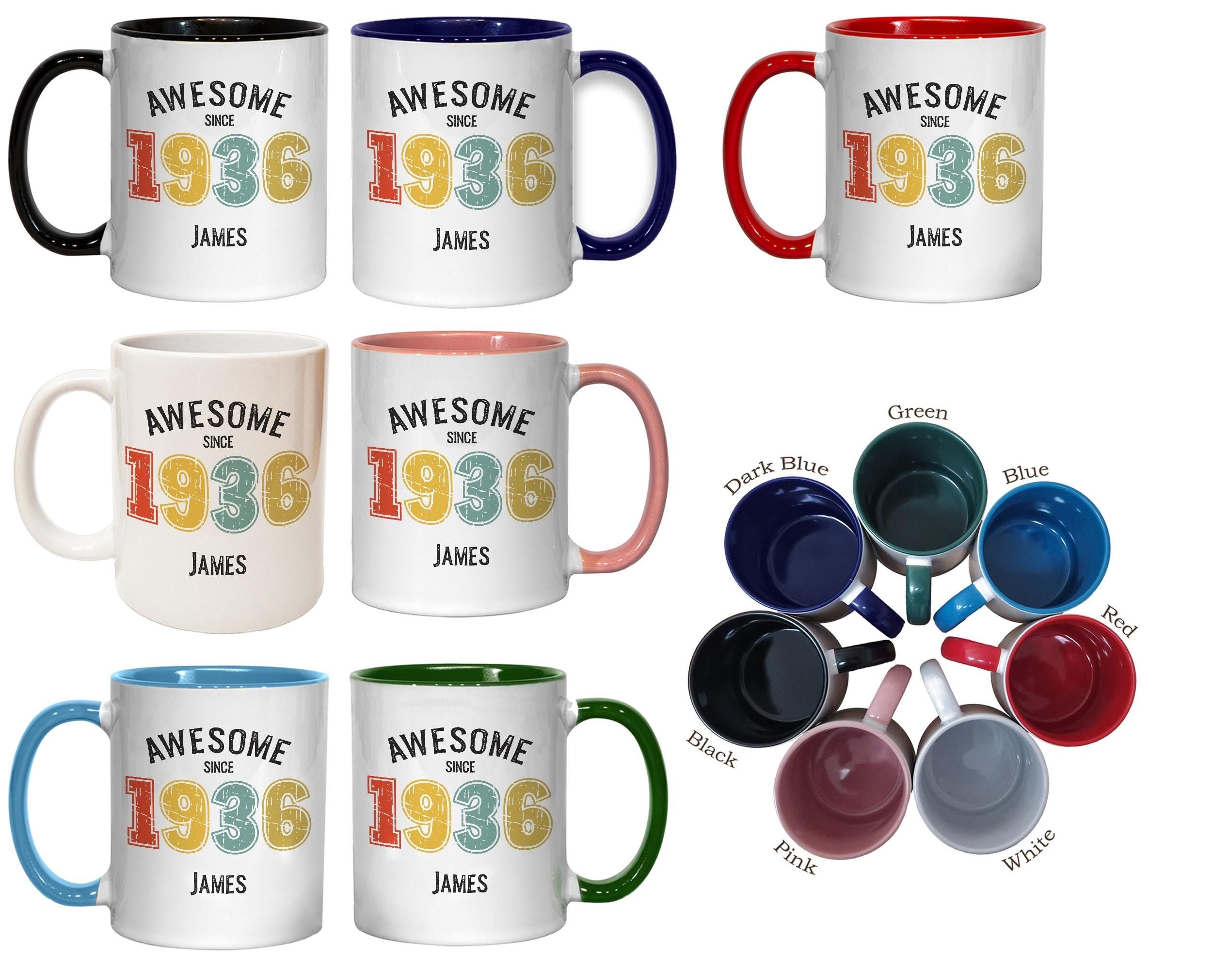 90th Birthday Gift for Men - Awesome Since 1936 Personalised Coffee Mug Coaster Age 90 Gift for Him - Retro Number Design Grandad Dad BNG90M