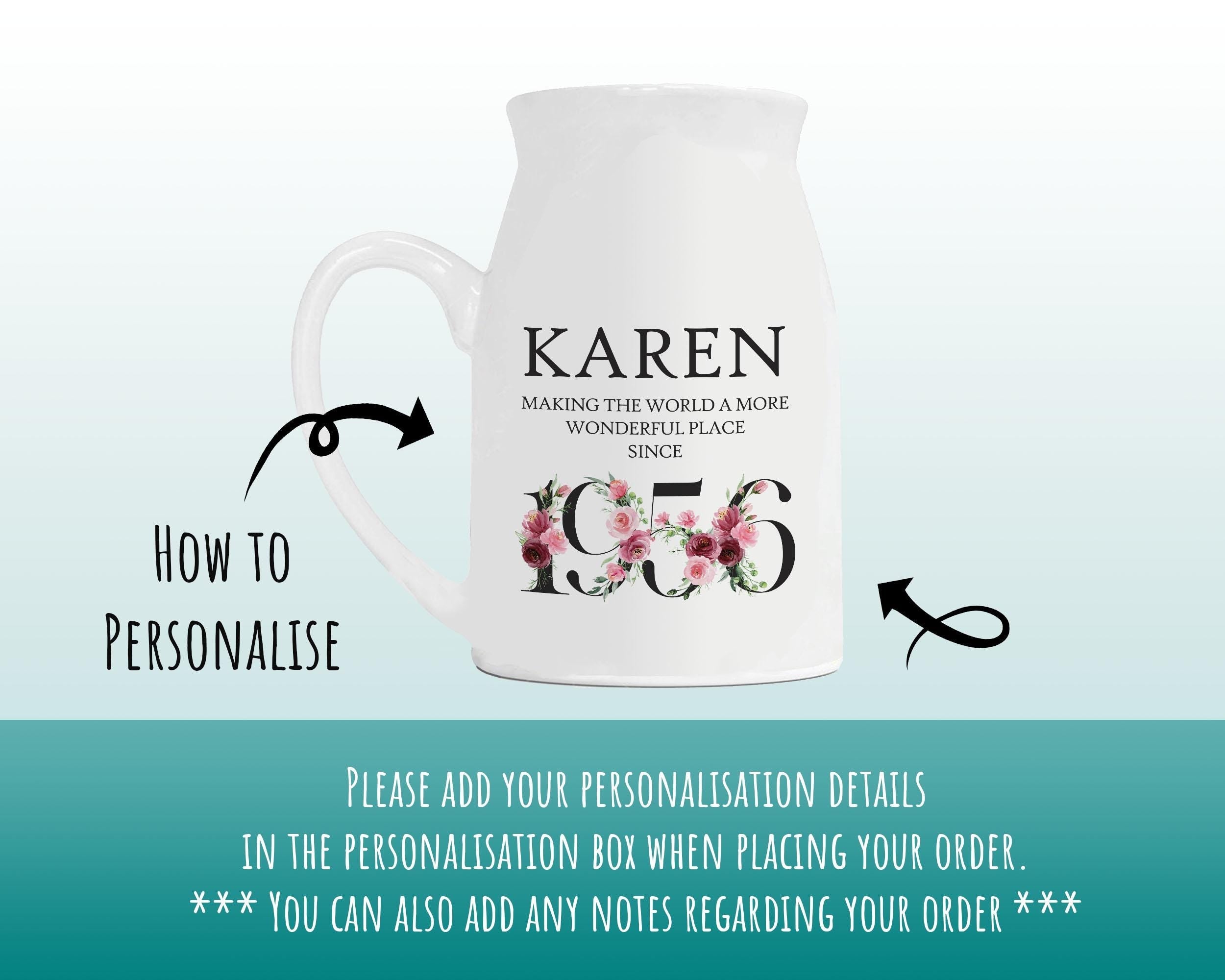 70th Birthday Gift for Women - Wonderful since 1956 Small Personalised Flower Pot Vase 70 Gift for Her Ladies Floral Design Nan Gran BND70