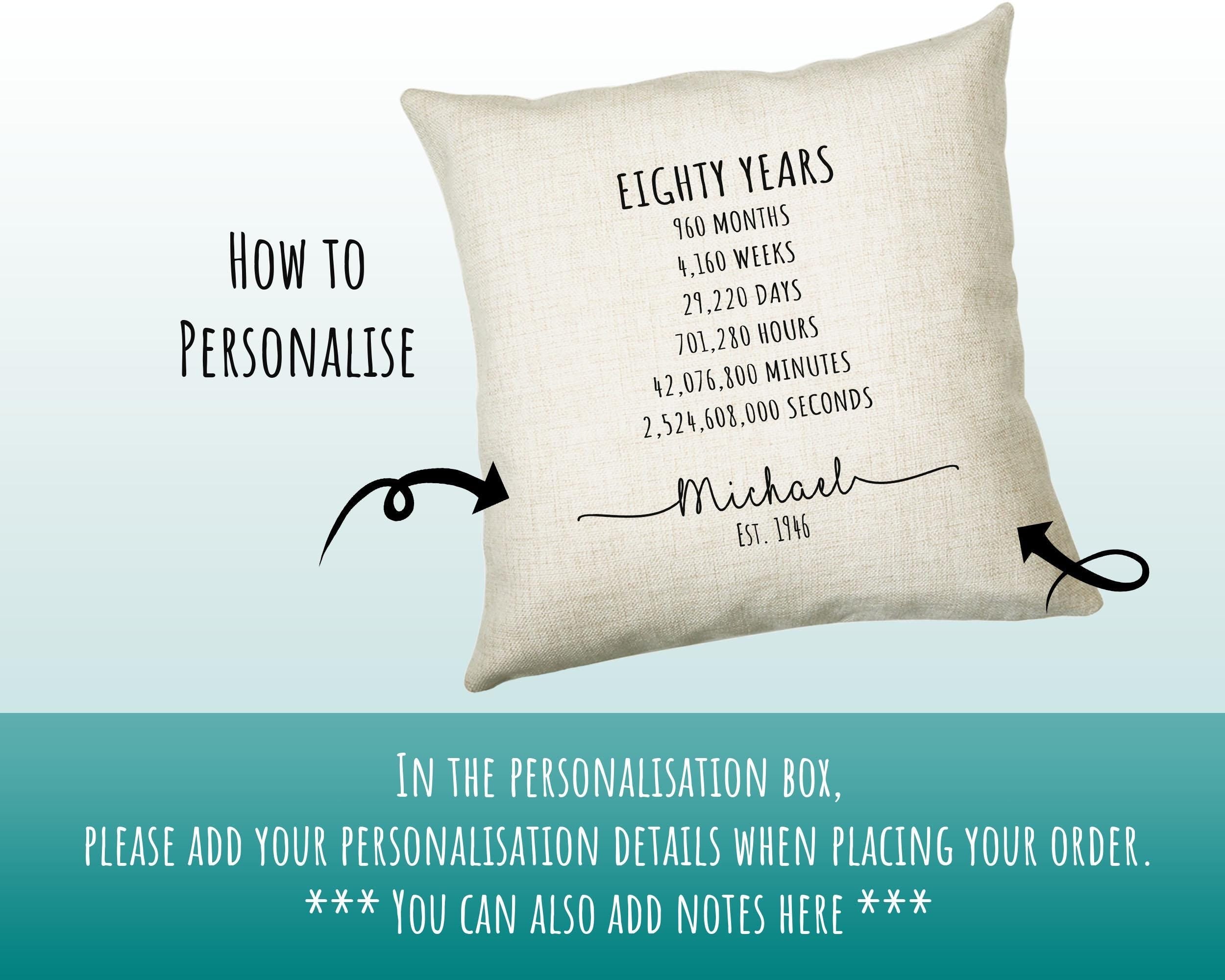 80th Birthday Gift for Men - Personalised Birthday Cushion Age 80 Gift for Him Mens Years Months Weeks Design Dad Grandad Eighty 1946 BNE80C