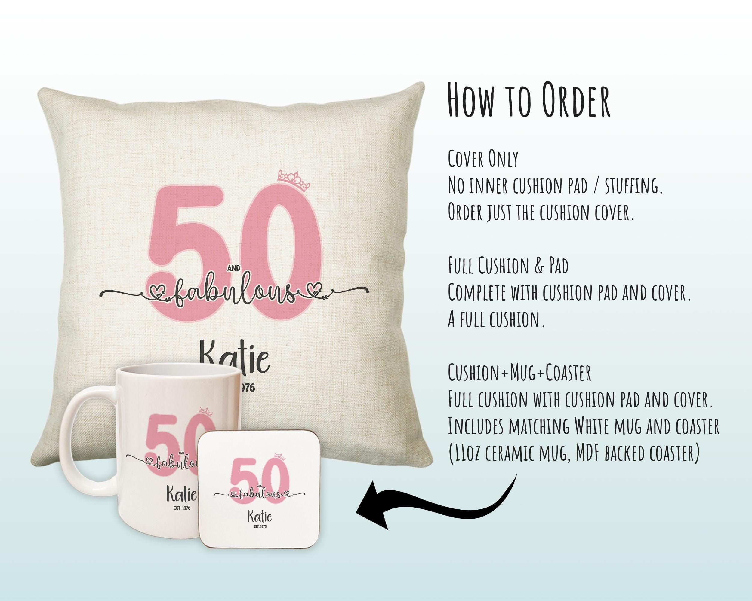 50th Birthday Gift for Women 50 and Fabulous Est 1976 Personalised Birthday Cushion Gift for Her Ladies Pink Design Mum Nanny Fifty BNH50C