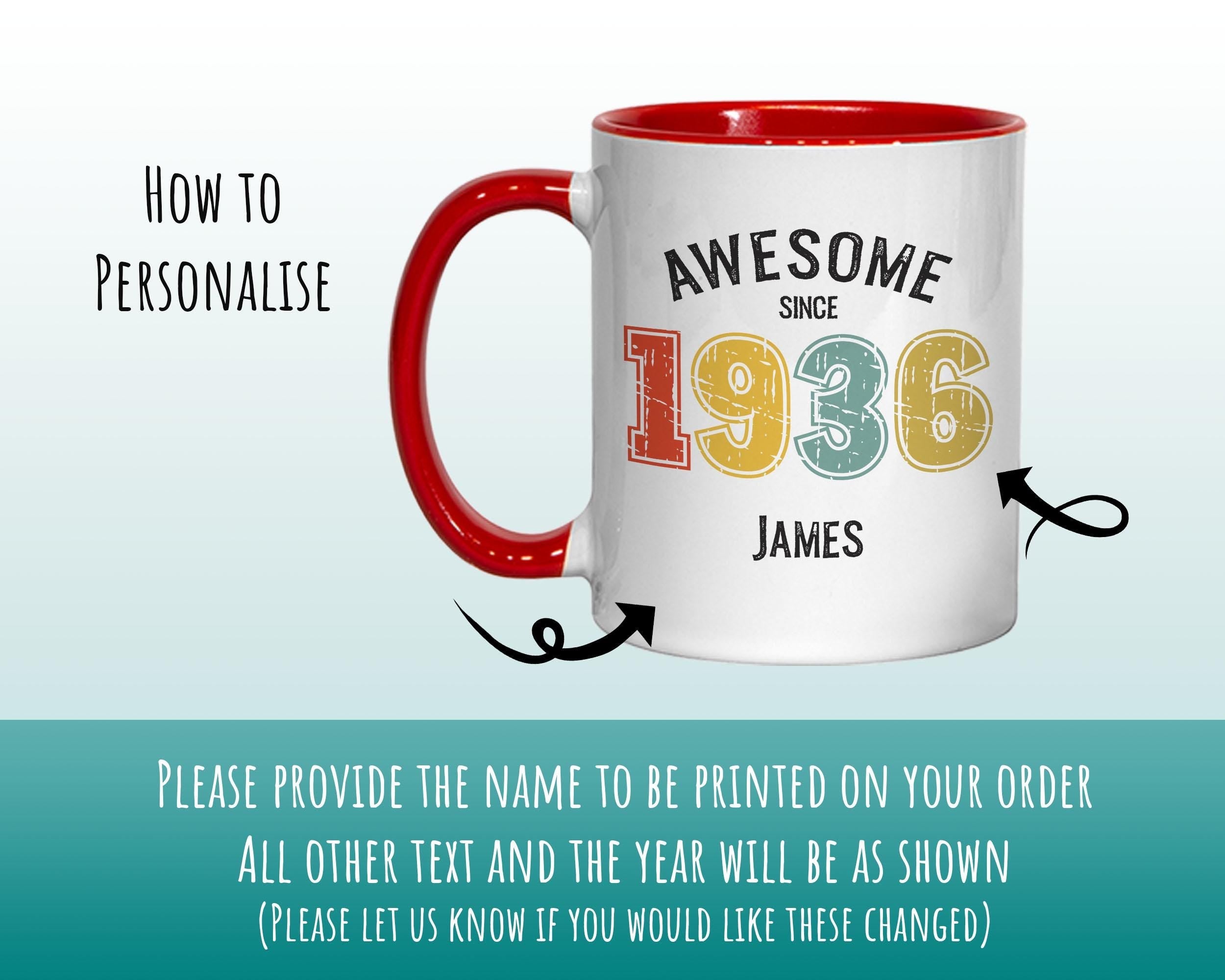 90th Birthday Gift for Men - Awesome Since 1936 Personalised Coffee Mug Coaster Age 90 Gift for Him - Retro Number Design Grandad Dad BNG90M
