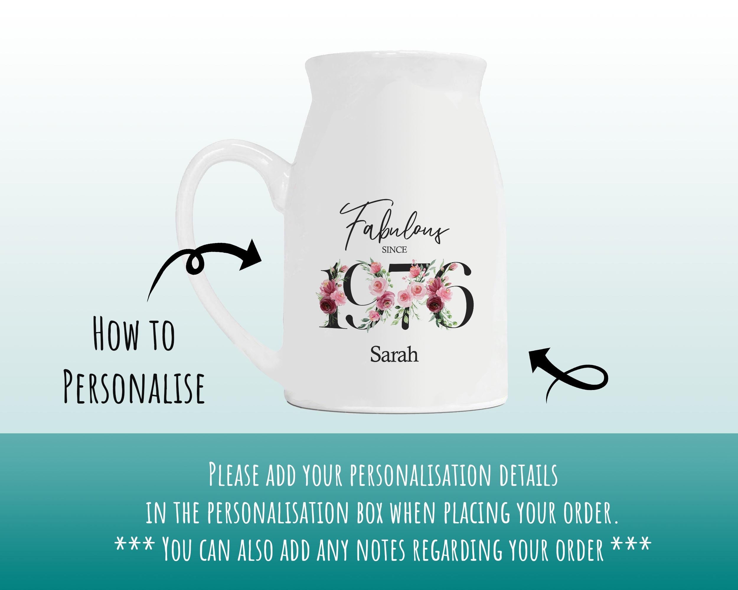 50th Birthday Gift for Women - Fabulous Since 1976 Small Personalised Flower Pot Vase 50 Gift for Her Ladies Floral Design Mum Nan BNC50
