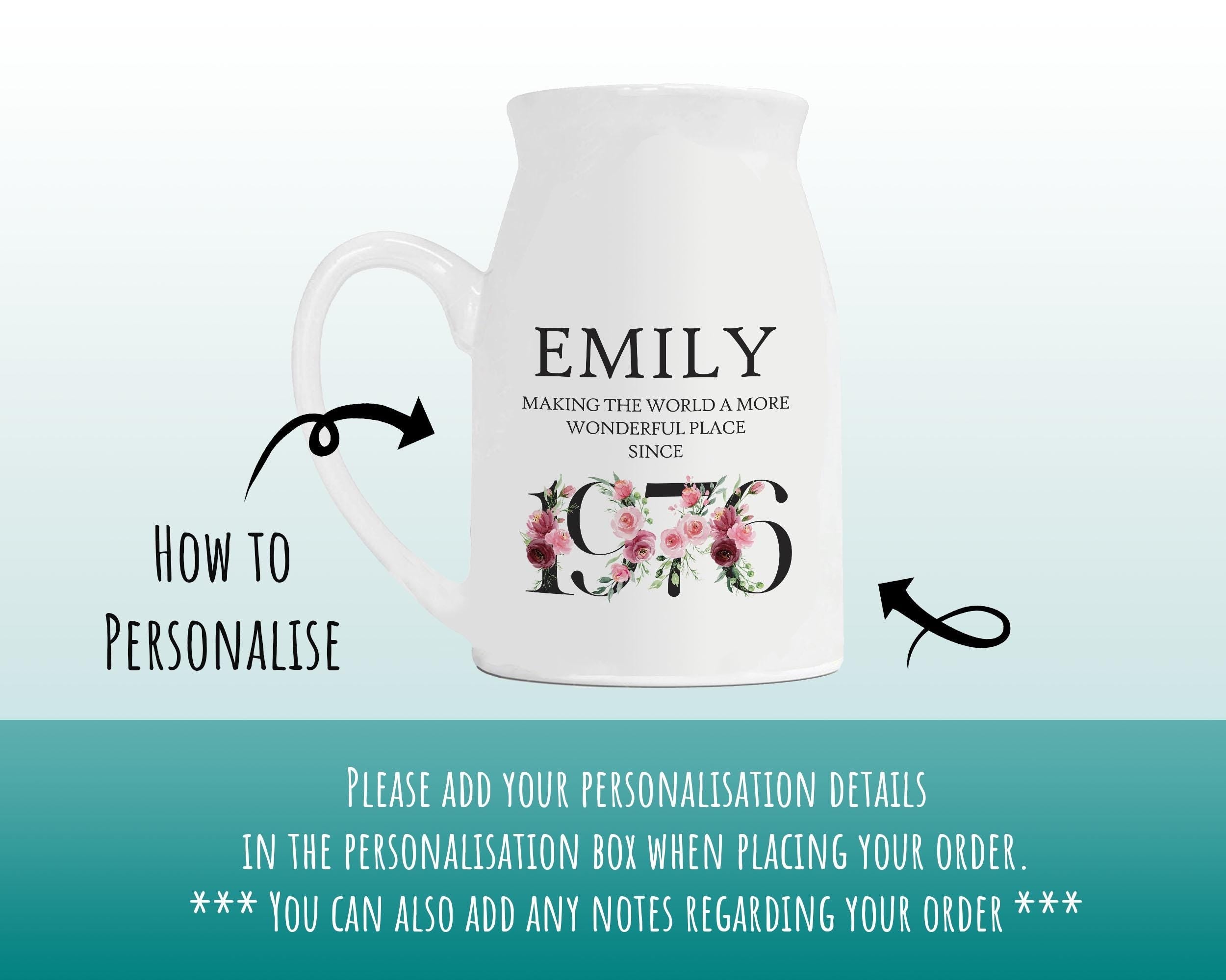 50th Birthday Gift for Women - Wonderful since 1976 Small Personalised Flower Pot Vase 50 Gift for Her Ladies Floral Design Mum Nan BND50
