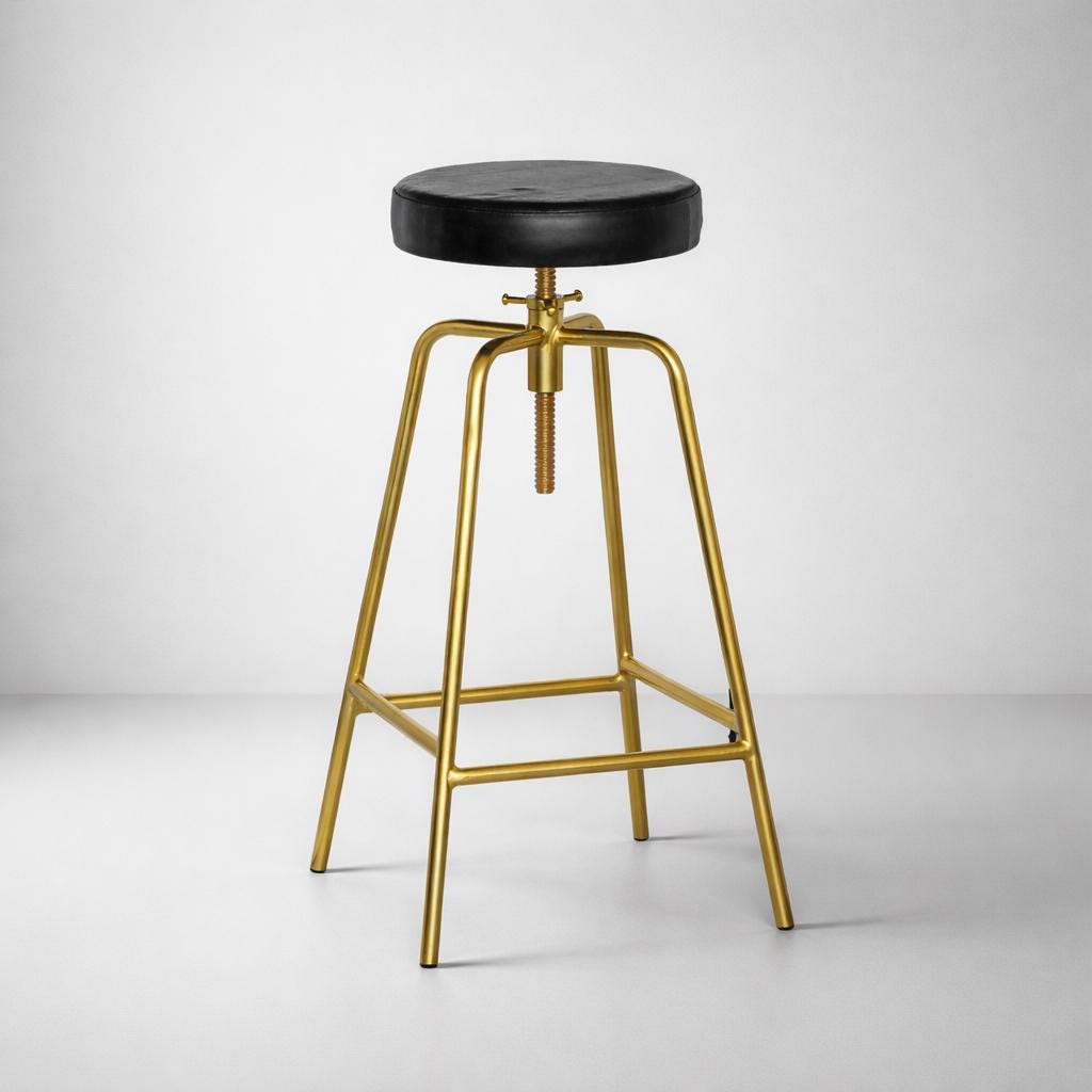 Brass Bar Adjustable Stool Black Leather Top Seat | Vintage Industrial Style