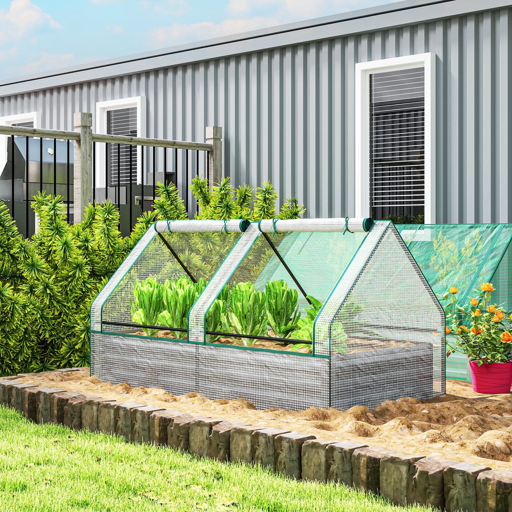 Outsunny Raised Garden Bed Planter Box with Greenhouse, White and Dark Grey