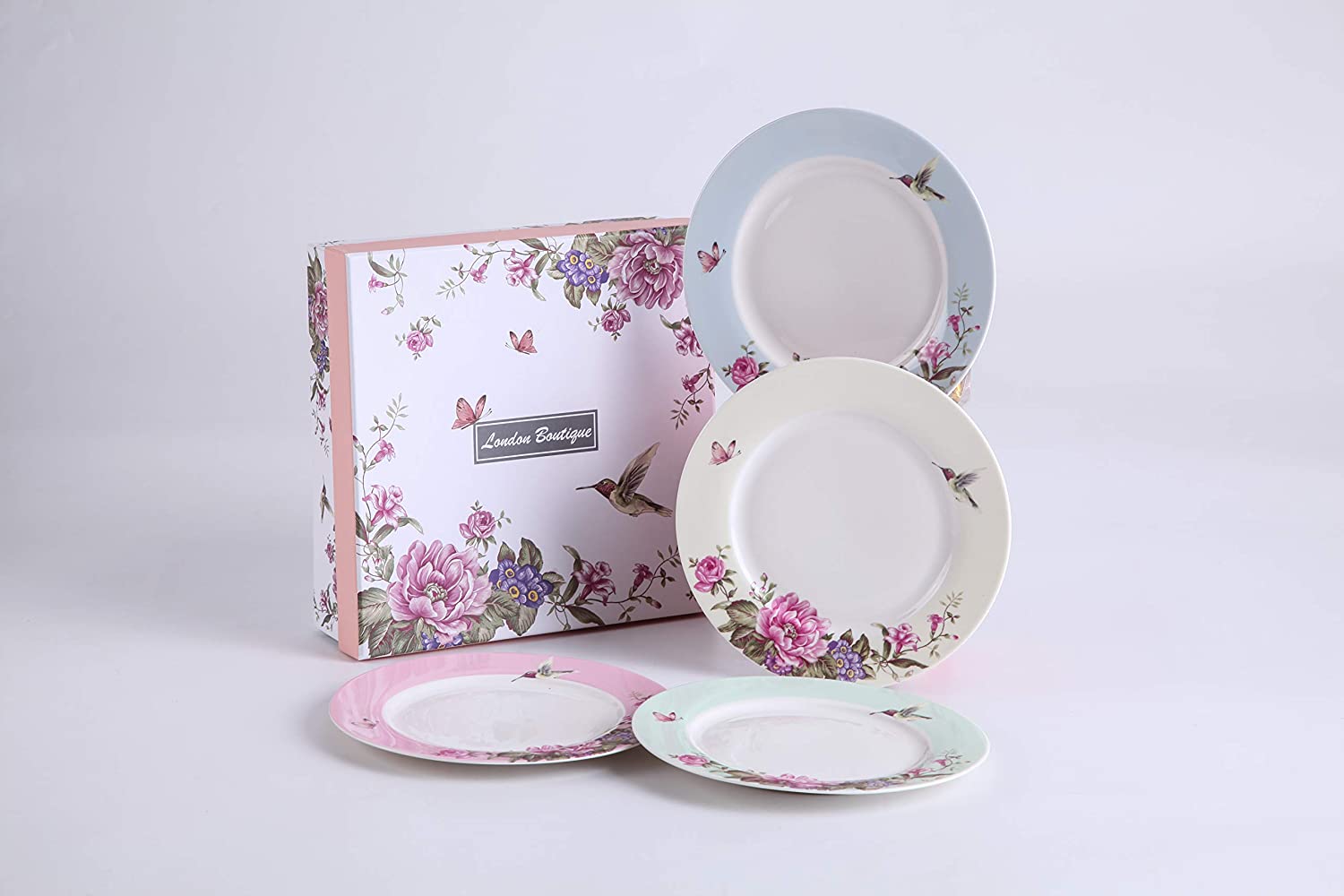 Porcelain Side Dessert Plates 7 Inches Wide Rimmed Shabby Chic Vintage Bird Butterly Floral Set 4 in Gift Box (3 Sets)