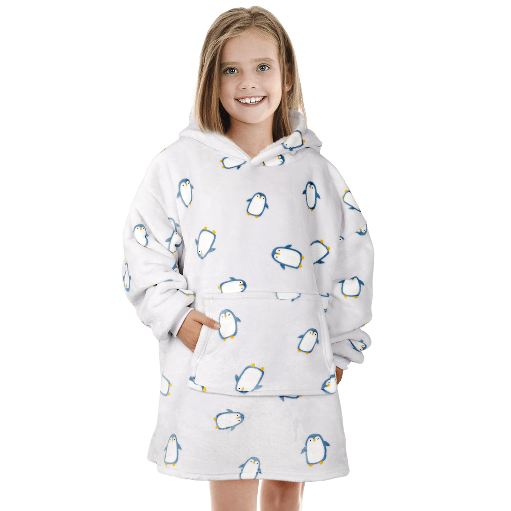 OLIVIA ROCCO Kids Oversized Hooded Penguin Blanket Hoodie Ultra Soft Sherpa Flannel For Ages 8 To 15 Cozy Warm Lounge Wear