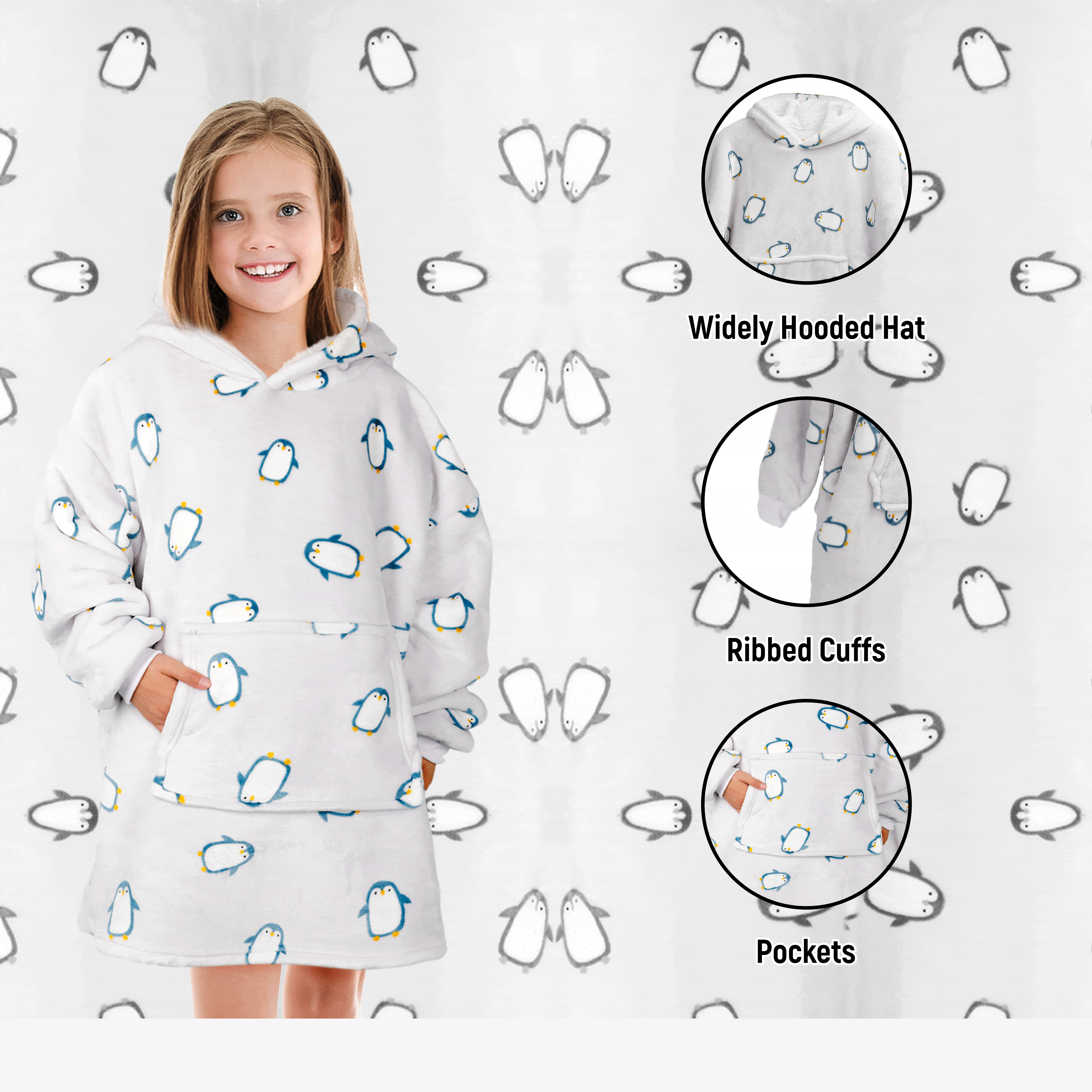 OLIVIA ROCCO Kids Oversized Hooded Penguin Blanket Hoodie Ultra Soft Sherpa Flannel For Ages 8 To 15 Cozy Warm Lounge Wear