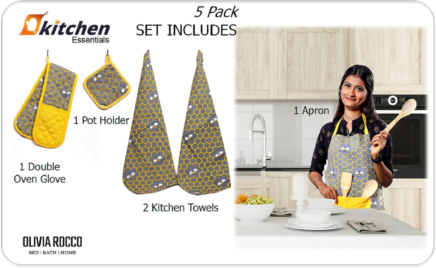 OLIVIA ROCCO Kitchen Sets With Apron Double Oven Gloves Towel Set Oven Mitts Pot Holder Five Piece Heat Resistant For Home Baking