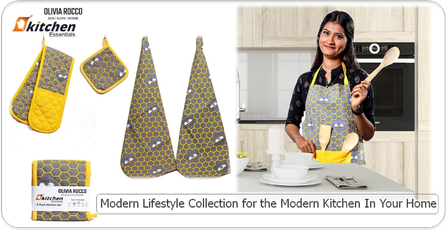OLIVIA ROCCO Kitchen Sets With Apron Double Oven Gloves Towel Set Oven Mitts Pot Holder Five Piece Heat Resistant For Home Baking