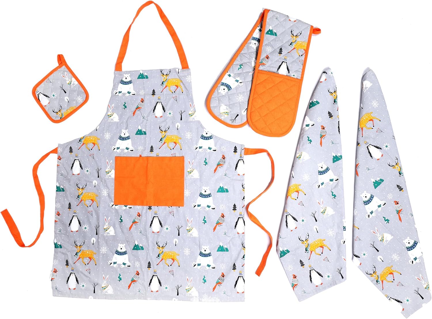 OLIVIA ROCCO Kitchen Sets With Apron Double Oven Gloves Towel Set Oven Mitts Pot Holder Five Piece Heat Resistant For Home Baking