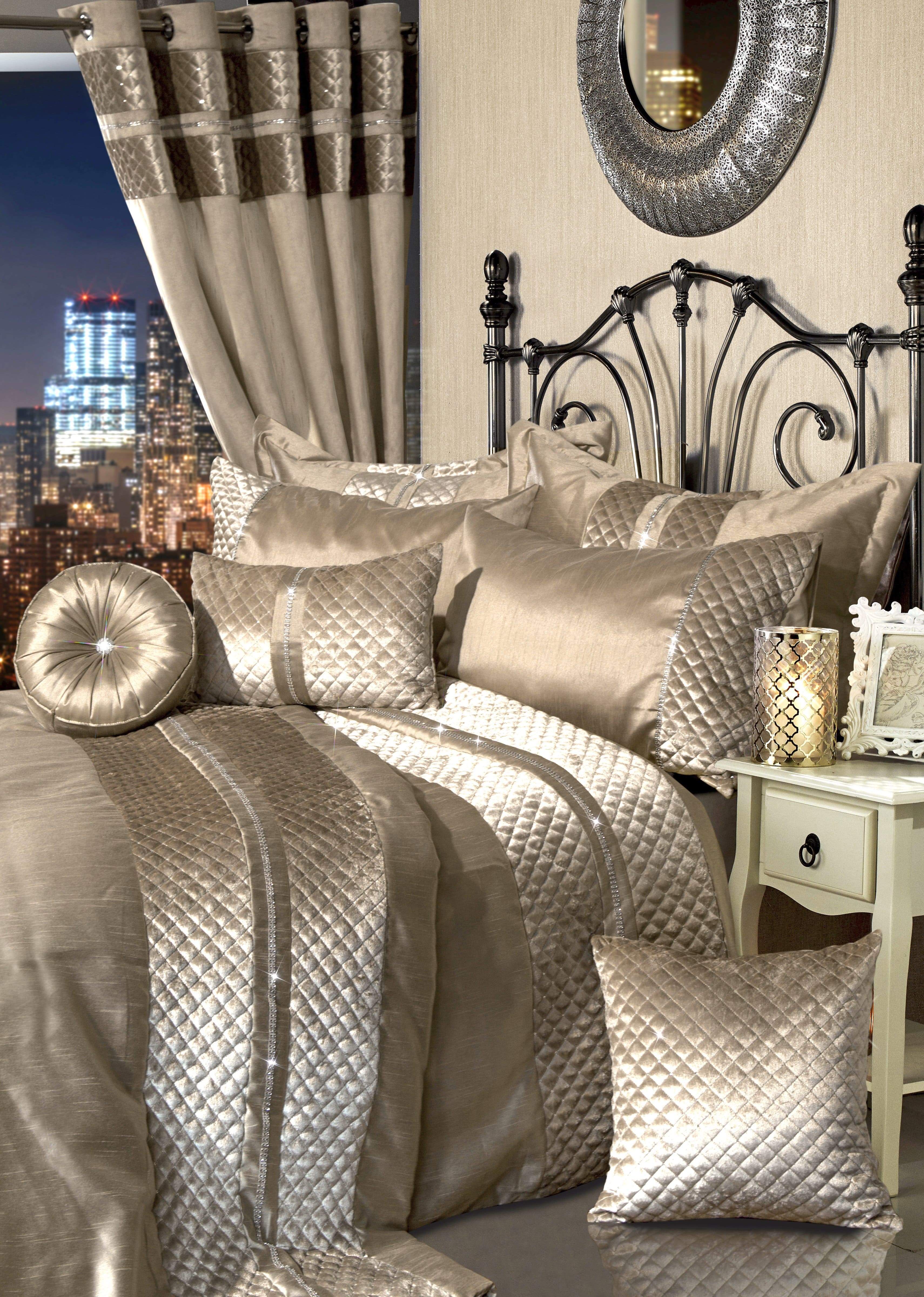 OLIVIA ROCCO Kylie Duvet Set Charcoal Gold Velvet Bedding With Quilted Trim Diamante Detailing In Various Sizes For Elegant Bedroom Decor