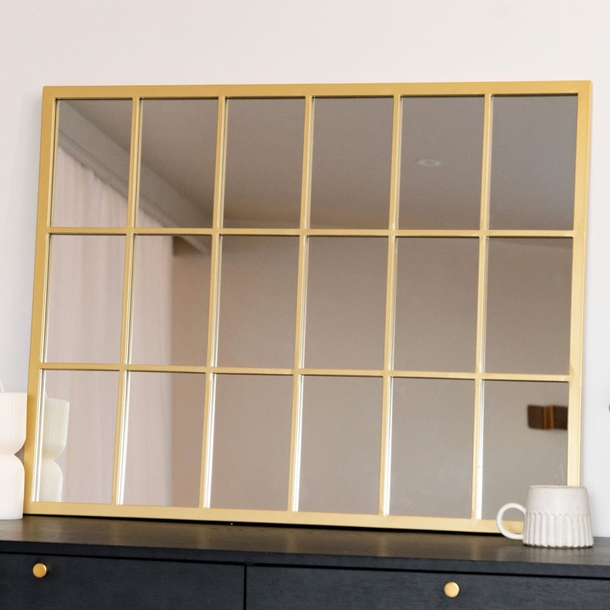 Kyō - Gold Metal Rectangle Lattice Window Mirror - 90cm x 70cm - Zestio