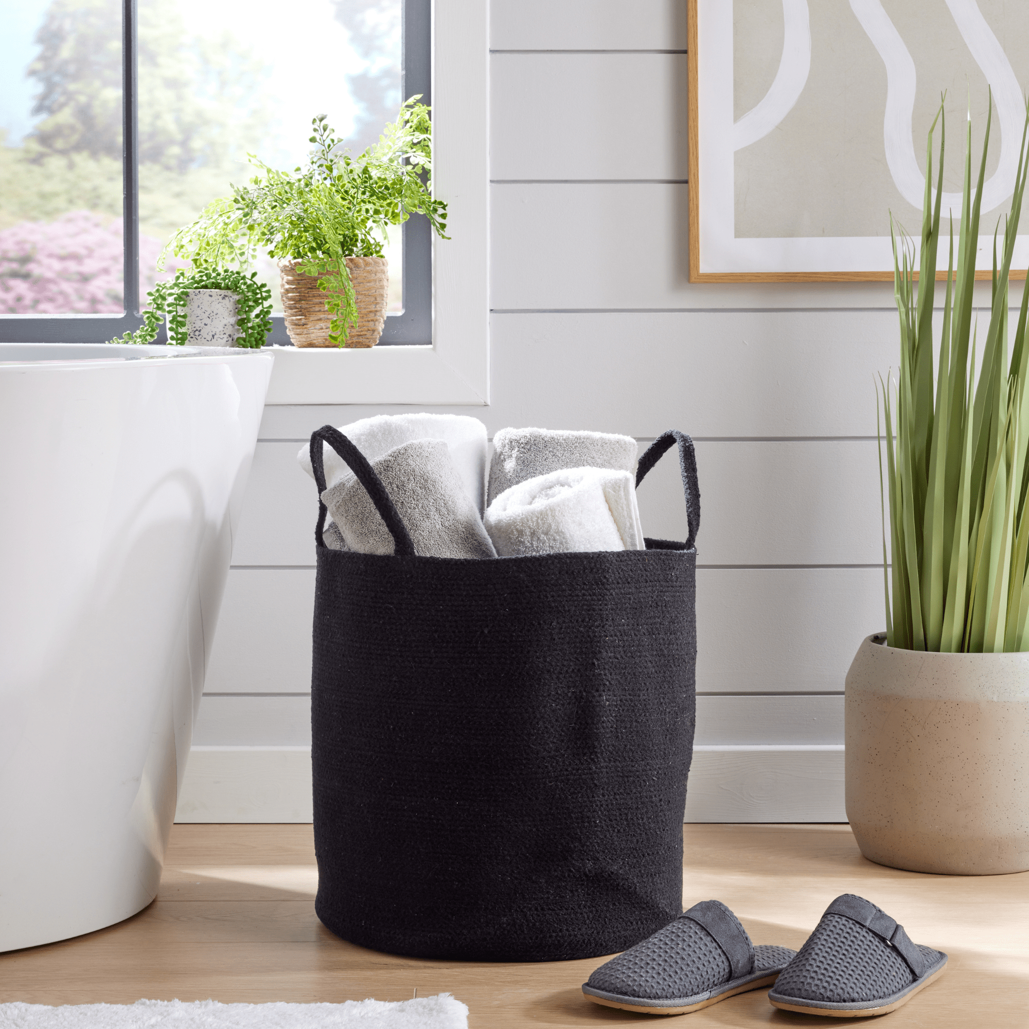 OLIVIA ROCCO Large Woven Cotton Laundry Basket With Handles Durable Rope Storage Bin For Clothes Toys Household Items Black Grey Natural