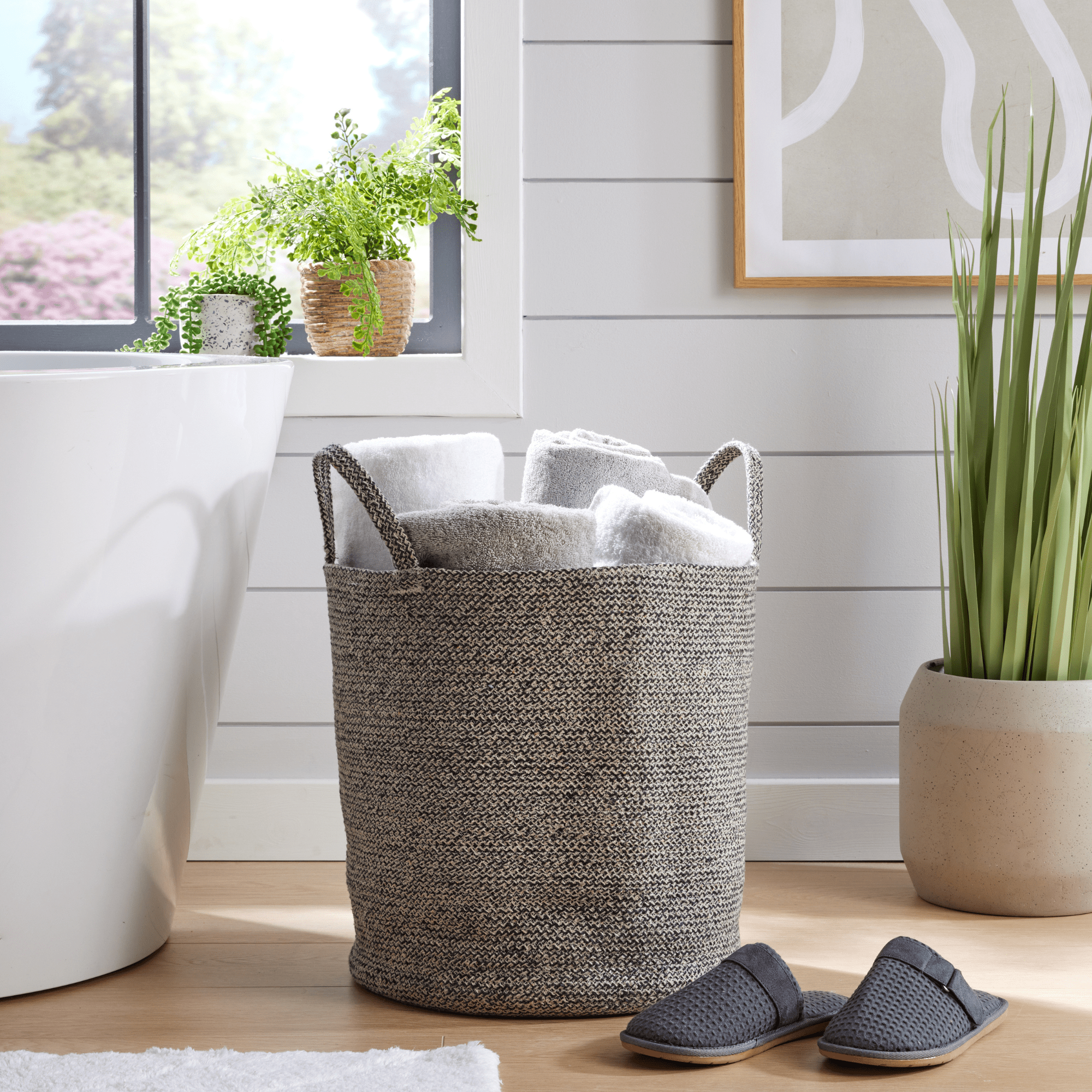 OLIVIA ROCCO Large Woven Cotton Laundry Basket With Handles Durable Rope Storage Bin For Clothes Toys Household Items Black Grey Natural