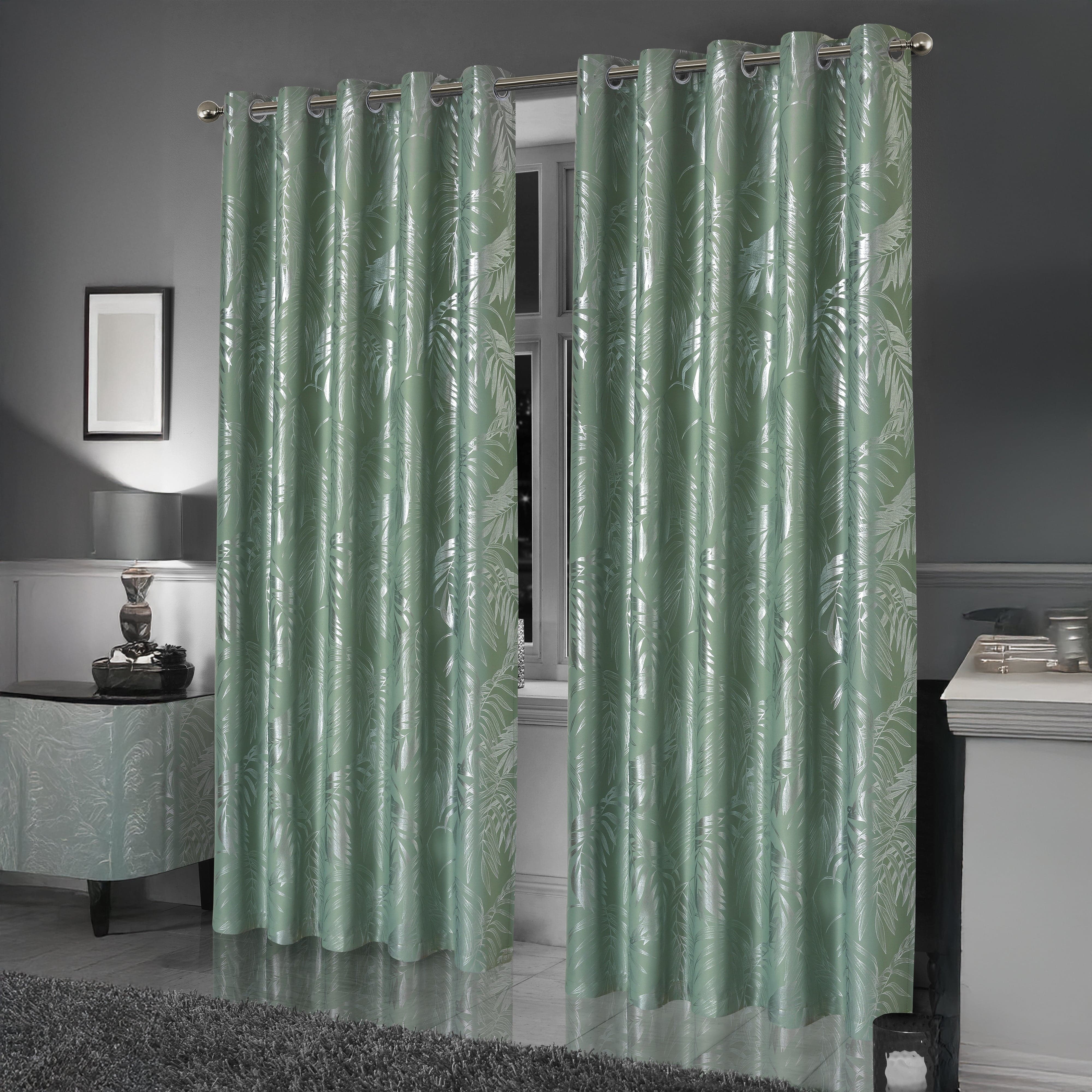 OLIVIA ROCCO Leaf Sage Green Sparkle Blackout Curtains With Thermal Insulation Eyelet Drapes Super Soft Fabric 2 Panels Room Darkening