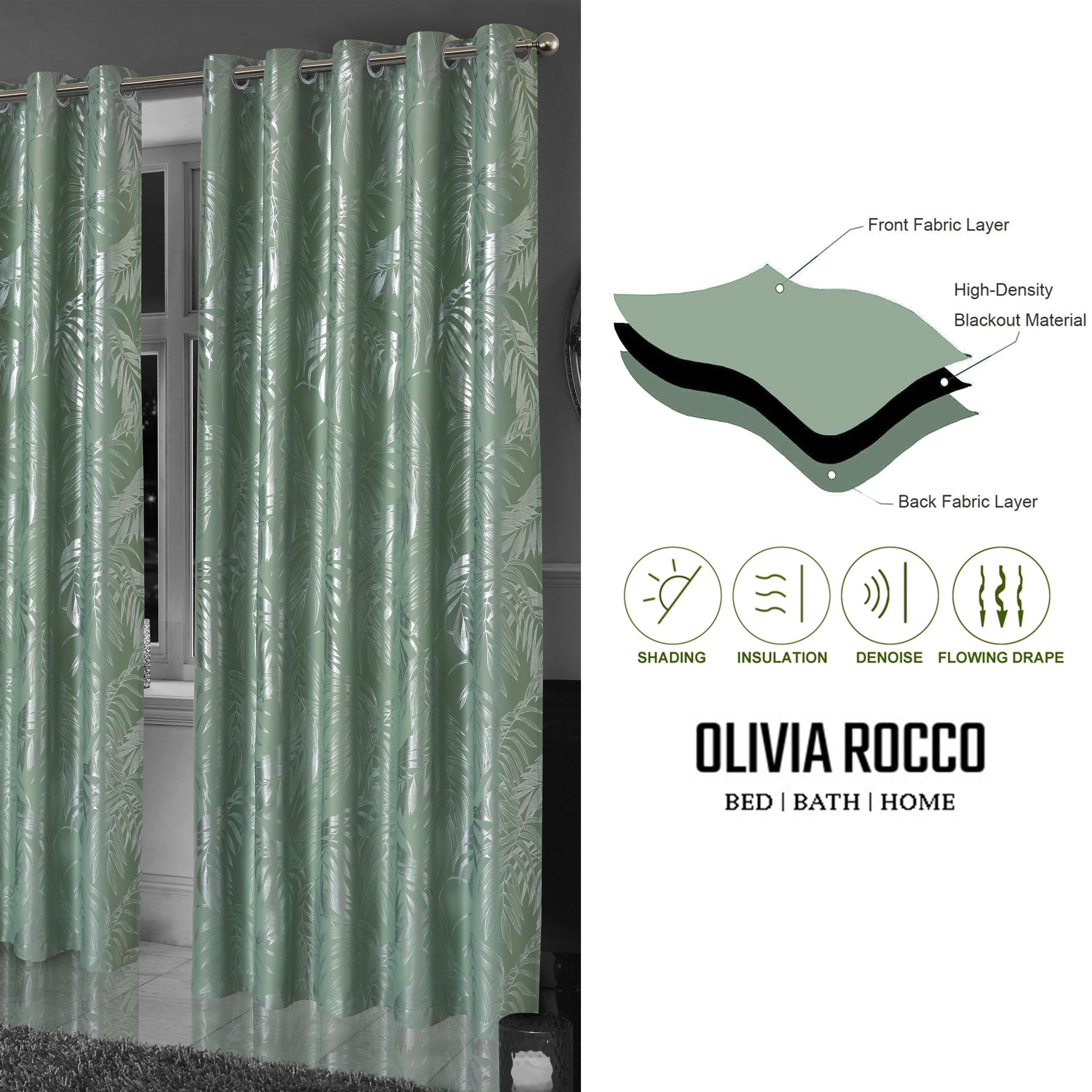 OLIVIA ROCCO Leaf Sage Green Sparkle Blackout Curtains With Thermal Insulation Eyelet Drapes Super Soft Fabric 2 Panels Room Darkening