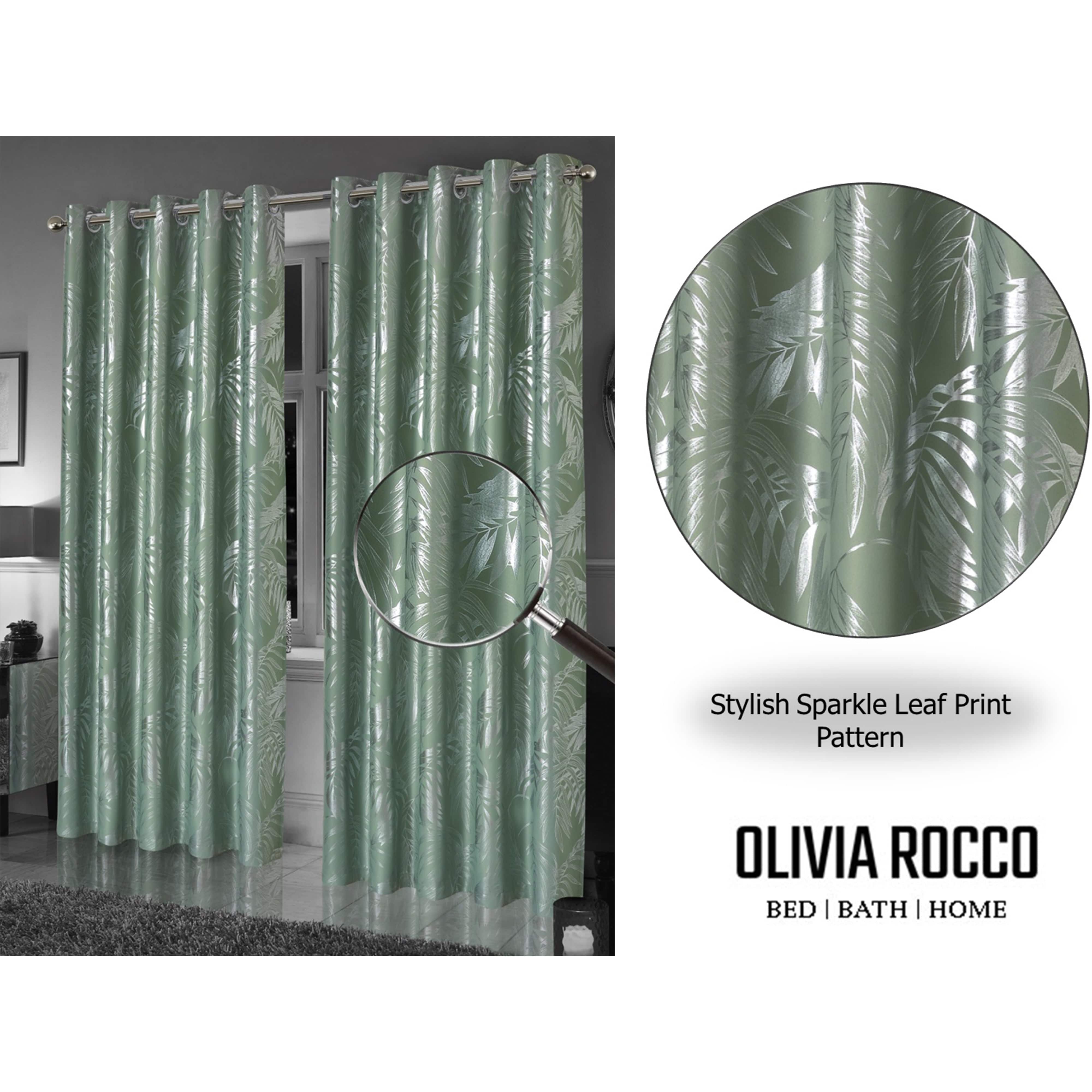 OLIVIA ROCCO Leaf Sage Green Sparkle Blackout Curtains With Thermal Insulation Eyelet Drapes Super Soft Fabric 2 Panels Room Darkening