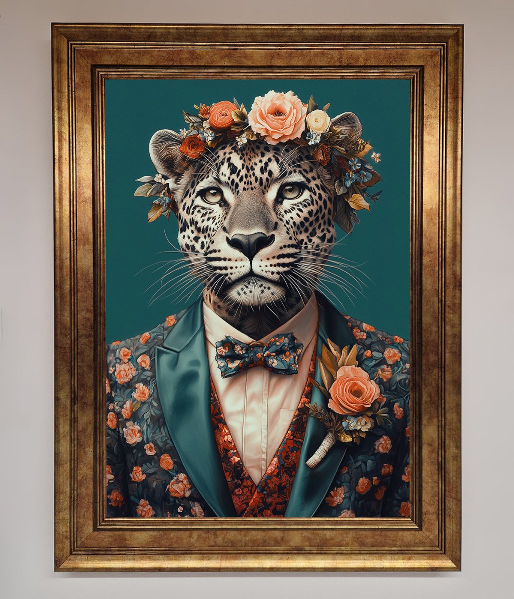 Leopard In a Suit With Flowers Framed Print - Zestio