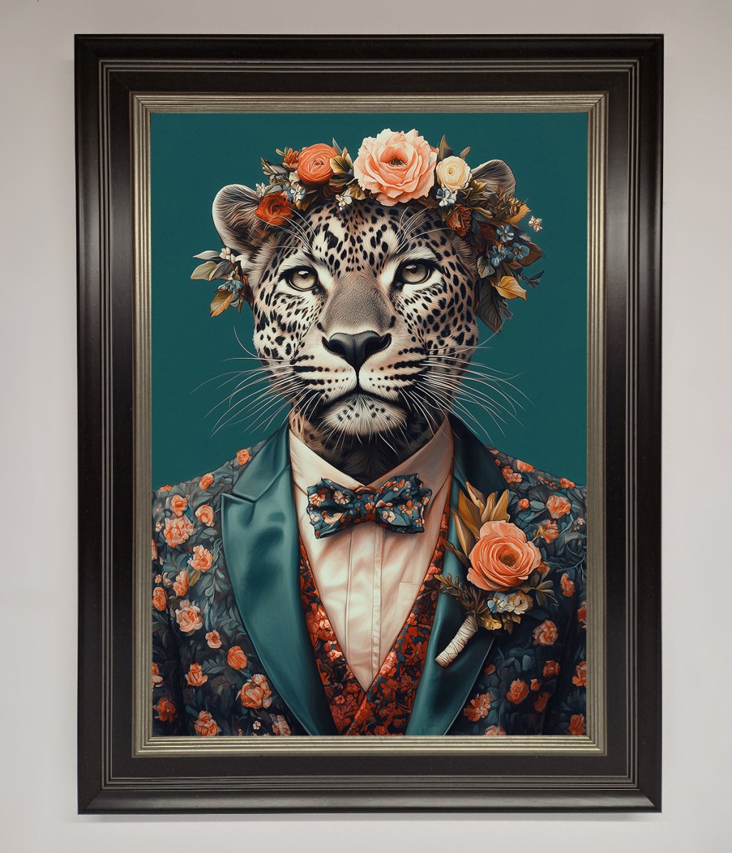 Leopard In a Suit With Flowers Framed Print - Zestio