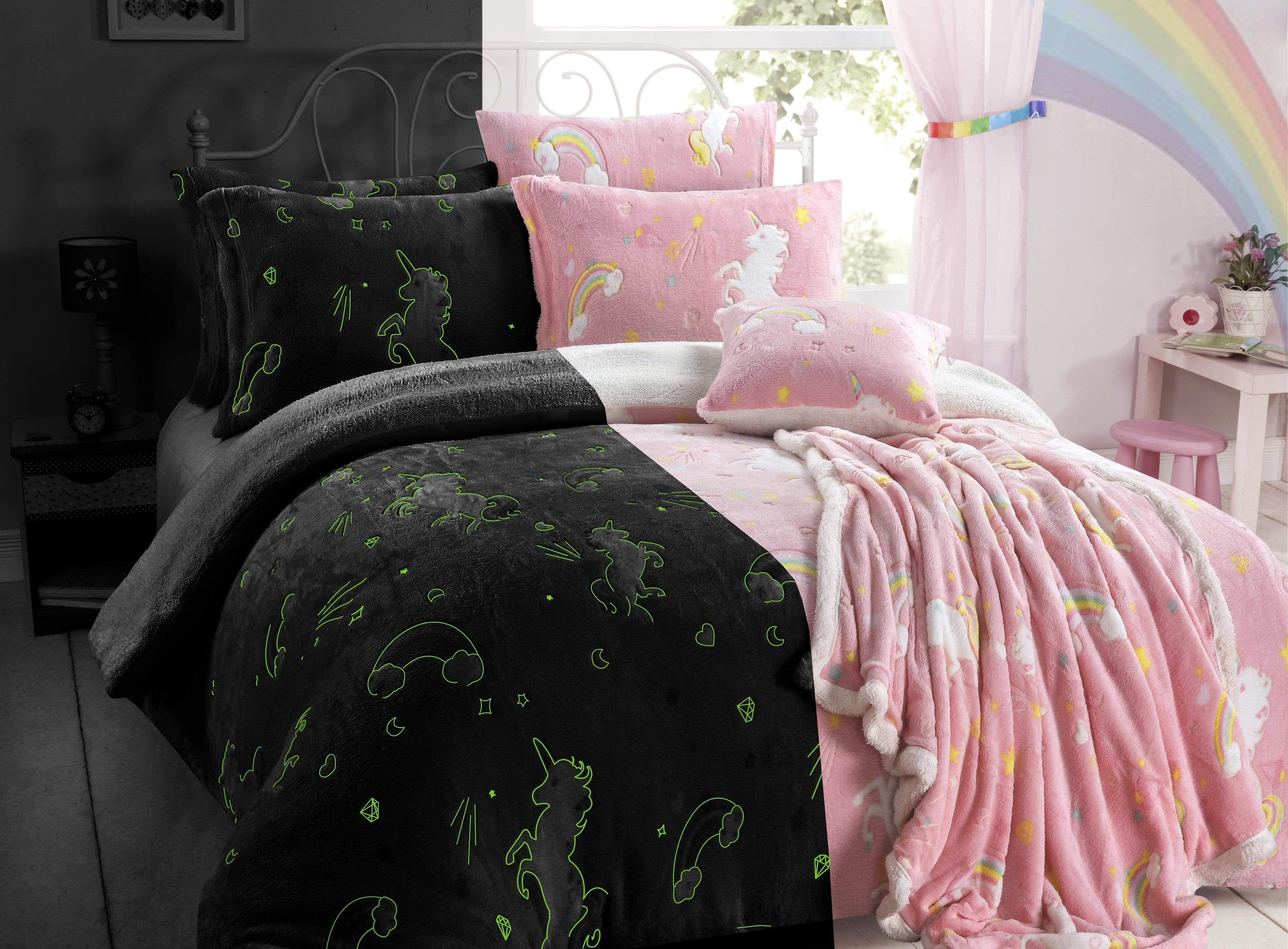 OLIVIA ROCCO Rainbow Unicorn Glow In The Dark Teddy Fleece Duvet Set For Kids Super Soft Cosy Bedding Kids Bedrooms Every Night