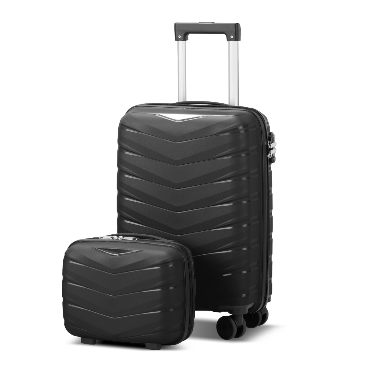 V-striped 2-piece suitcase with PP handbag PP trolley case 14in 20in PP iron trolley classic colour - black (grained pattern)