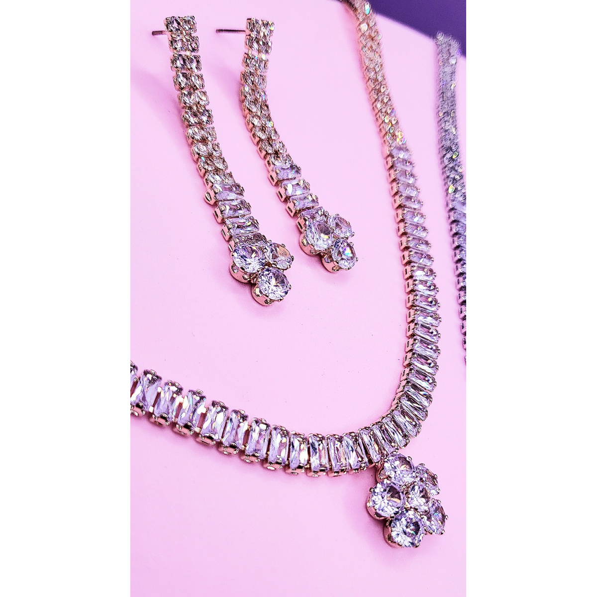Flower Crystal Baguette Cut Layered Necklace Set