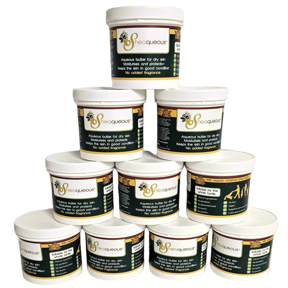 10 Pots of Sheaqueous Aqueous Cream with Organic Shea Butter, Almond Oil, cocoa butter, vitamin E. A natural aqueous cream for very dry skin, for Sensitive Skin, Children, Eczema prone skin , Use in Pregnancy for expanding tummy NO ADDED FRAGRANCE