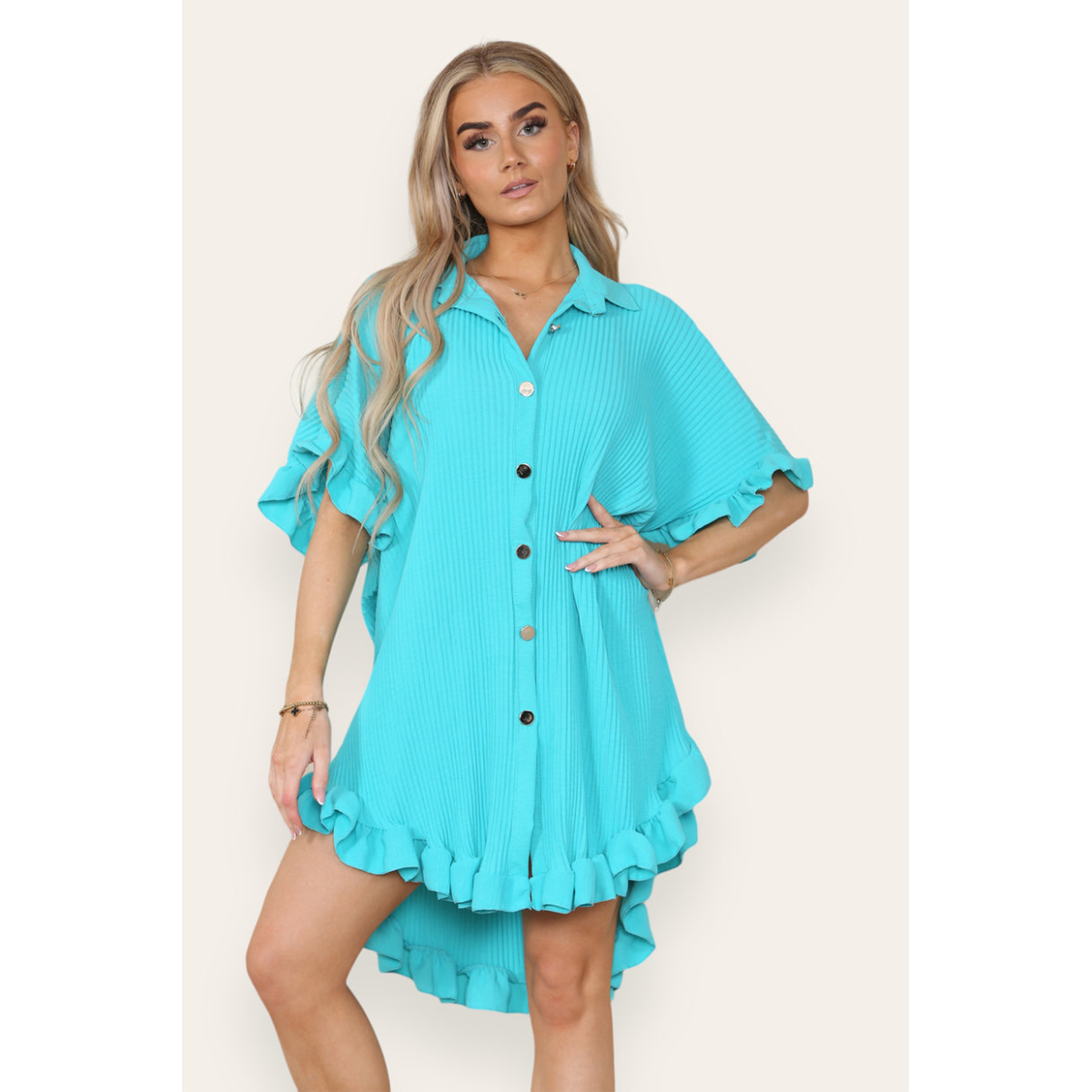 Over Sized Italian Gold Button Pleated Frill Ruffle TikTok Dress Top