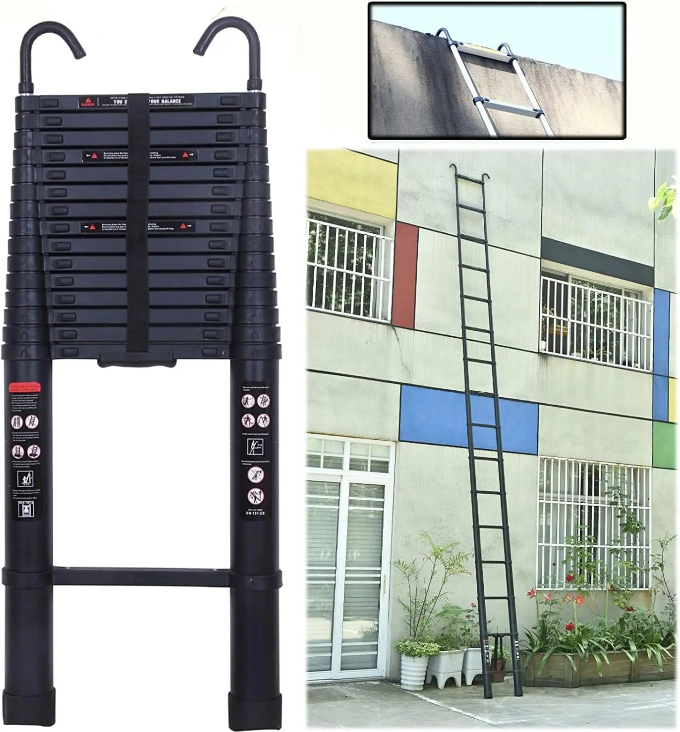 DayPlus 3.2-6.2M Telescopic Ladder with Roof Hook Kit Aluminium Portable Multi-Purpose Folding Portable Heavy Duty Extendable