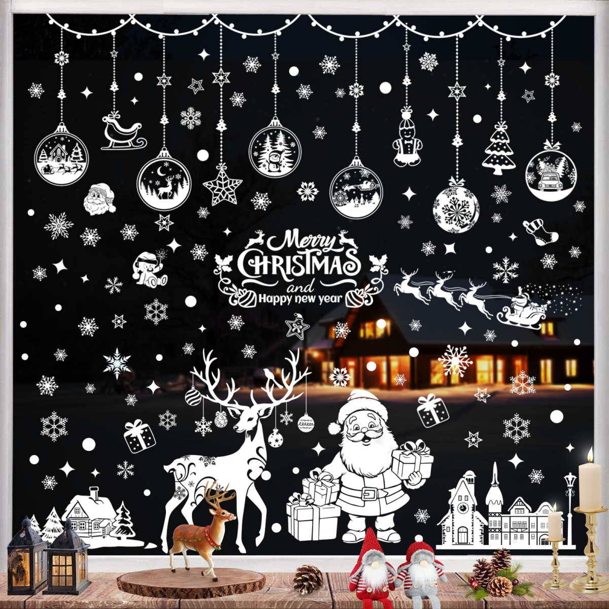 epfaivy Christmas Window Stickers Reusable 202Pcs - Double Sided Xmas Window Stickers Christmas Scene, White Father Christmas Reindeer Stickers, Removable Window Clings for Christmas Decorations