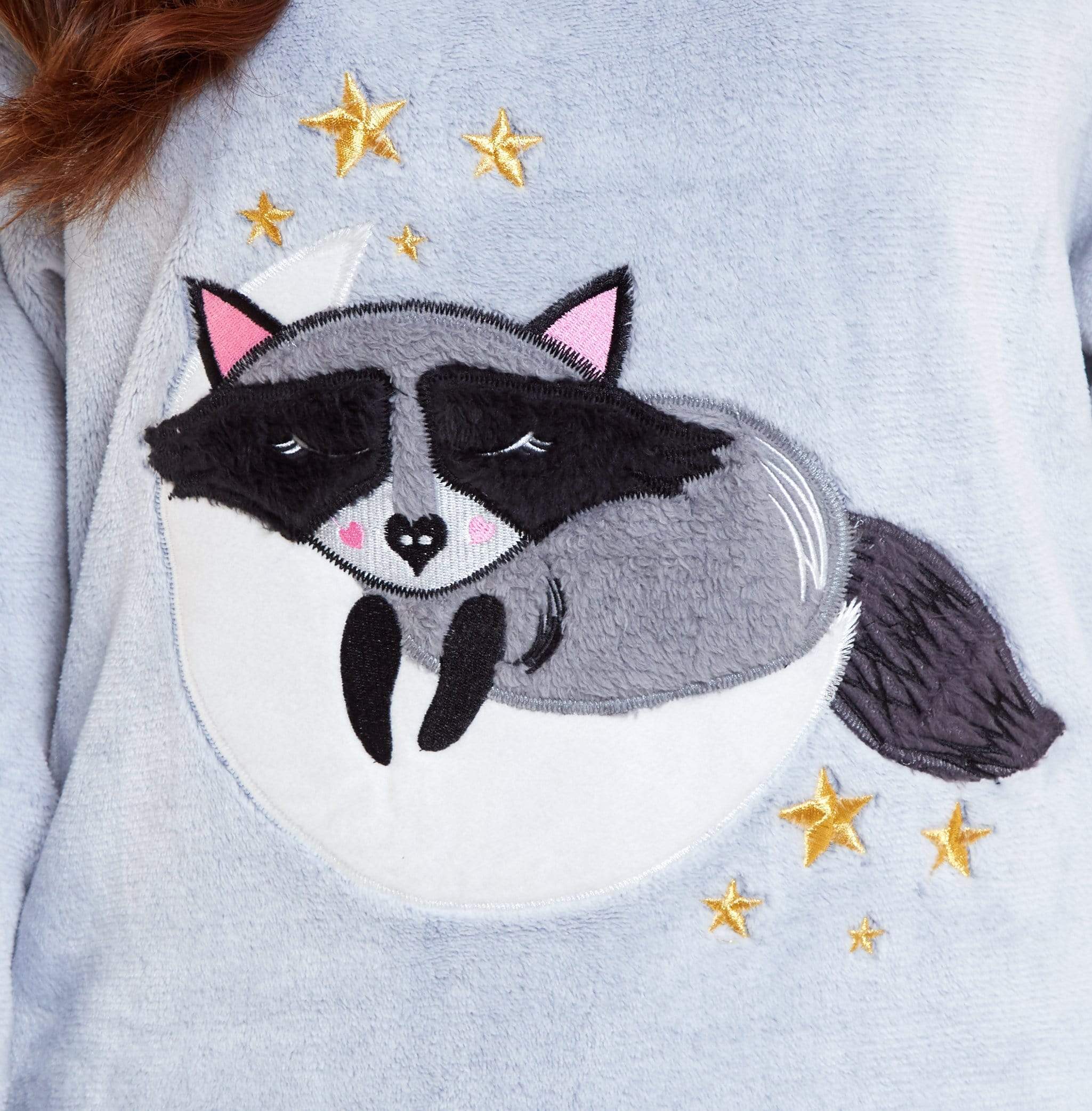 OLIVIA ROCCO Matching Mother Daughter Raccoon Fleece Hooded Pyjama Set With Sherpa Lining And Embroidered Design For Family Bonding