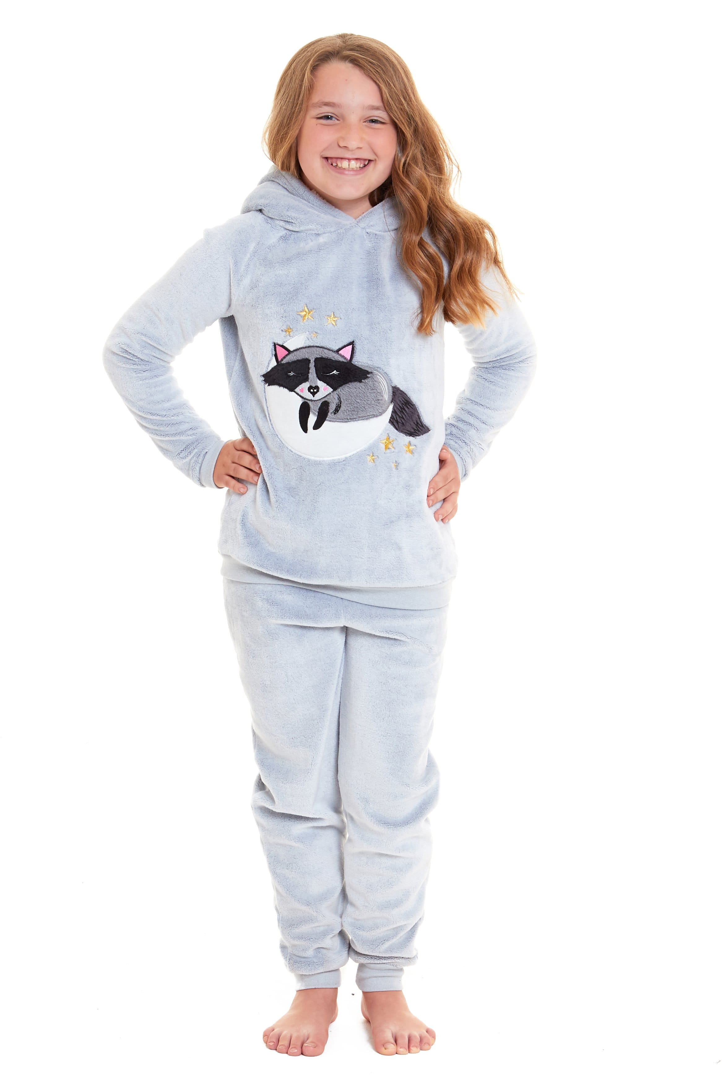OLIVIA ROCCO Matching Mother Daughter Raccoon Fleece Hooded Pyjama Set With Sherpa Lining And Embroidered Design For Family Bonding