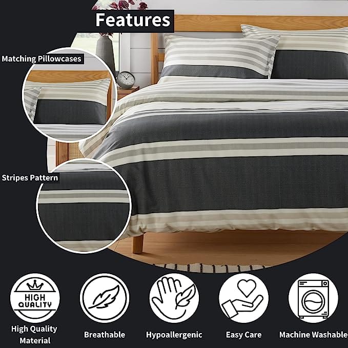 OLIVIA ROCCO Duvet Cover Set Miami Stripes Reversible Hypoallergenic Cotton Blend Grey And Natural Green Multiple Sizes