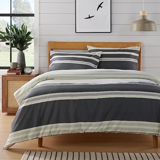 OLIVIA ROCCO Duvet Cover Set Miami Stripes Reversible Hypoallergenic Cotton Blend Grey And Natural Green Multiple Sizes