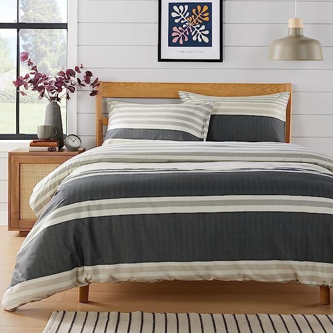 OLIVIA ROCCO Duvet Cover Set Miami Stripes Reversible Hypoallergenic Cotton Blend Grey And Natural Green Multiple Sizes