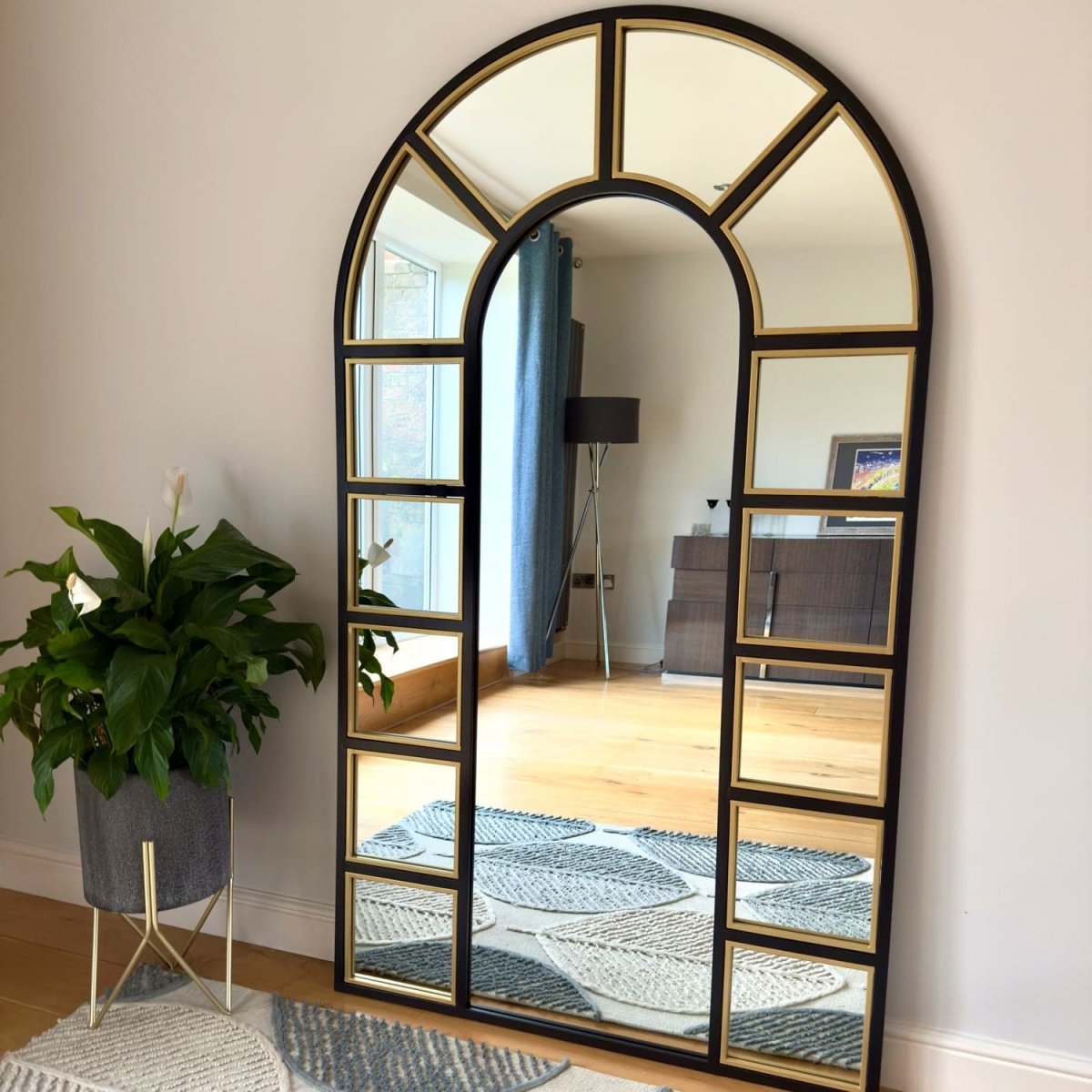 Mio - Full Length Black & Gold Metal Arched Window Mirror - 180cm x 105cm. - Zestio