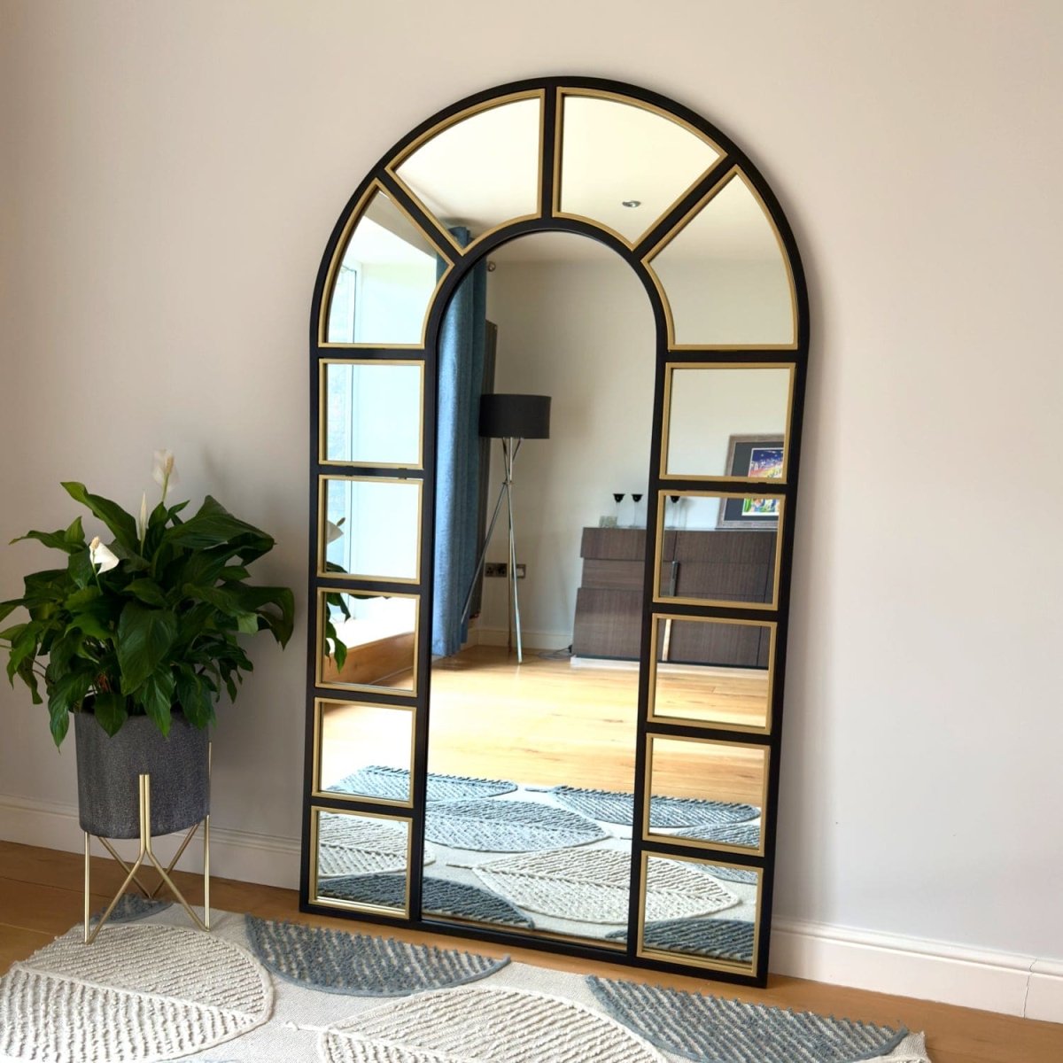 Mio - Full Length Black & Gold Metal Arched Window Mirror - 180cm x 105cm. - Zestio