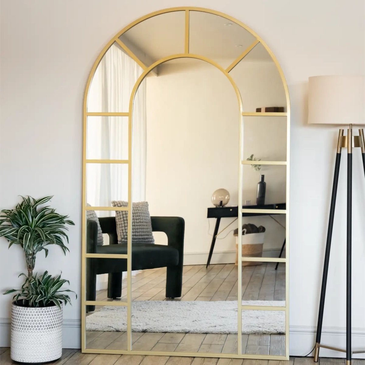 Mio - Full Length Gold Metal Arched Window Mirror - 180cm x 90cm. - Zestio