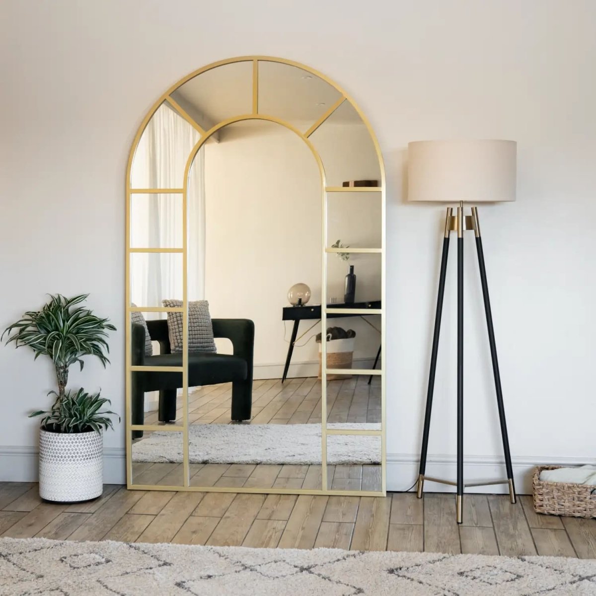 Mio - Full Length Gold Metal Arched Window Mirror - 180cm x 90cm. - Zestio