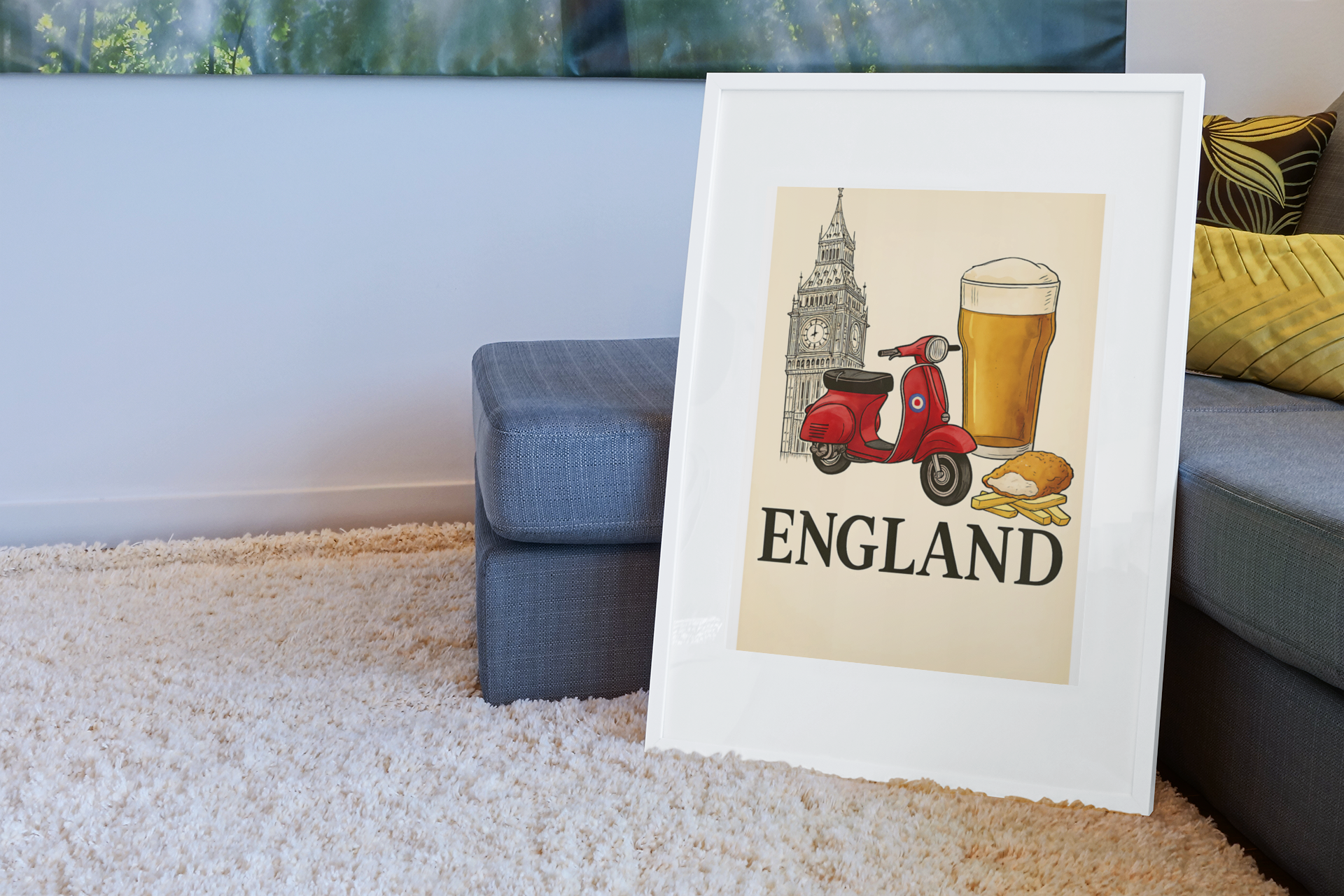 Classic England Poster - Vespa, Big Ben & Beer - British Retro Decor