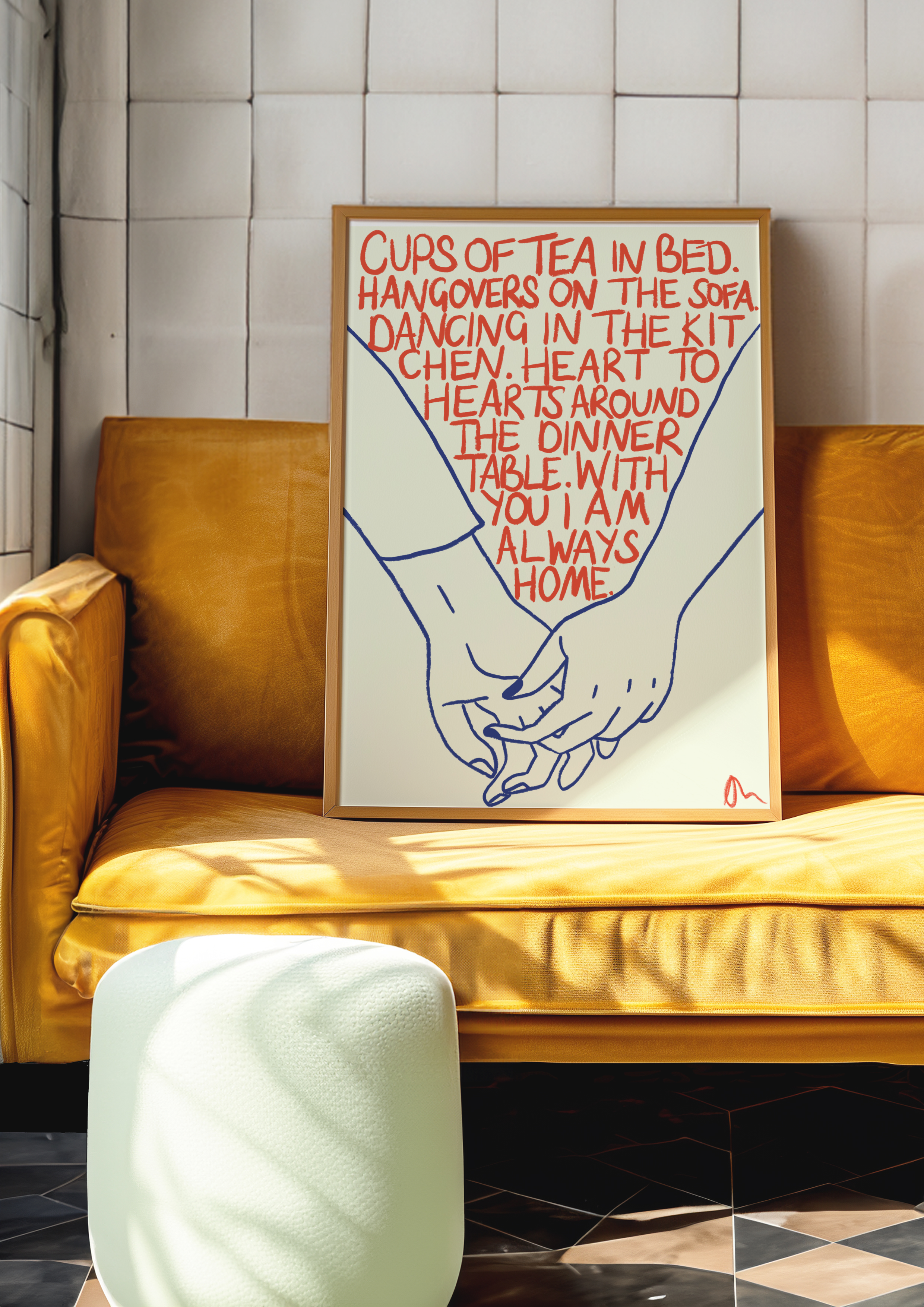 Cups of Tea | Orange and Blue Cute Romantic Hand Drawn Typographic Art Print