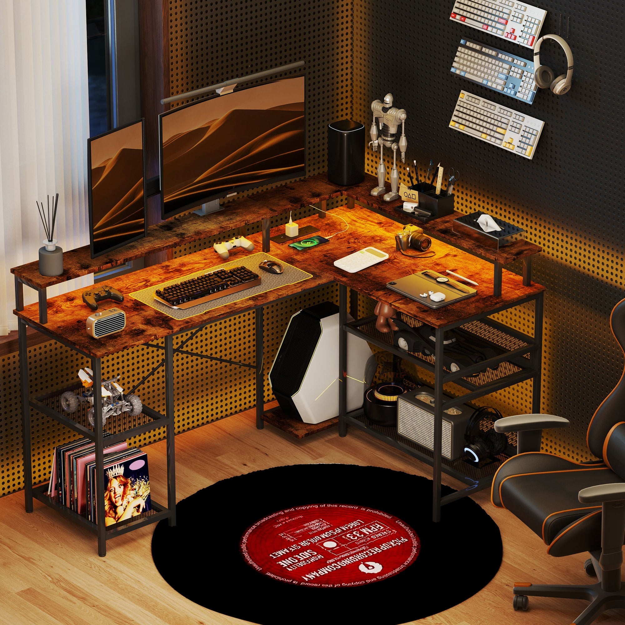 HOMCOM L Shaped Gaming Desk w/ LED Lights and Power Outlets for Small Space