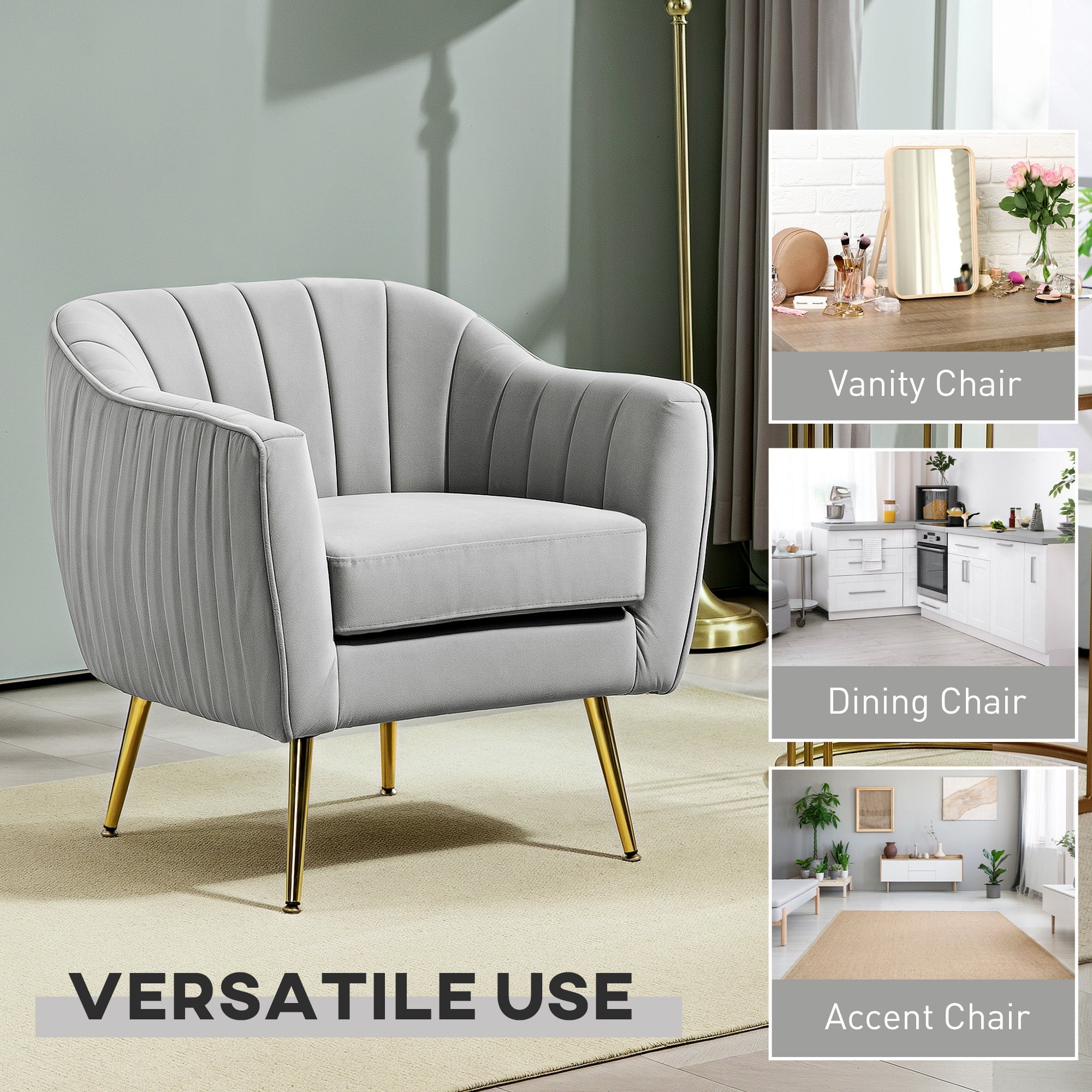 HOMCOM Velvet-Look Shell Shaped Chair with Thick Padded Seat, Grey