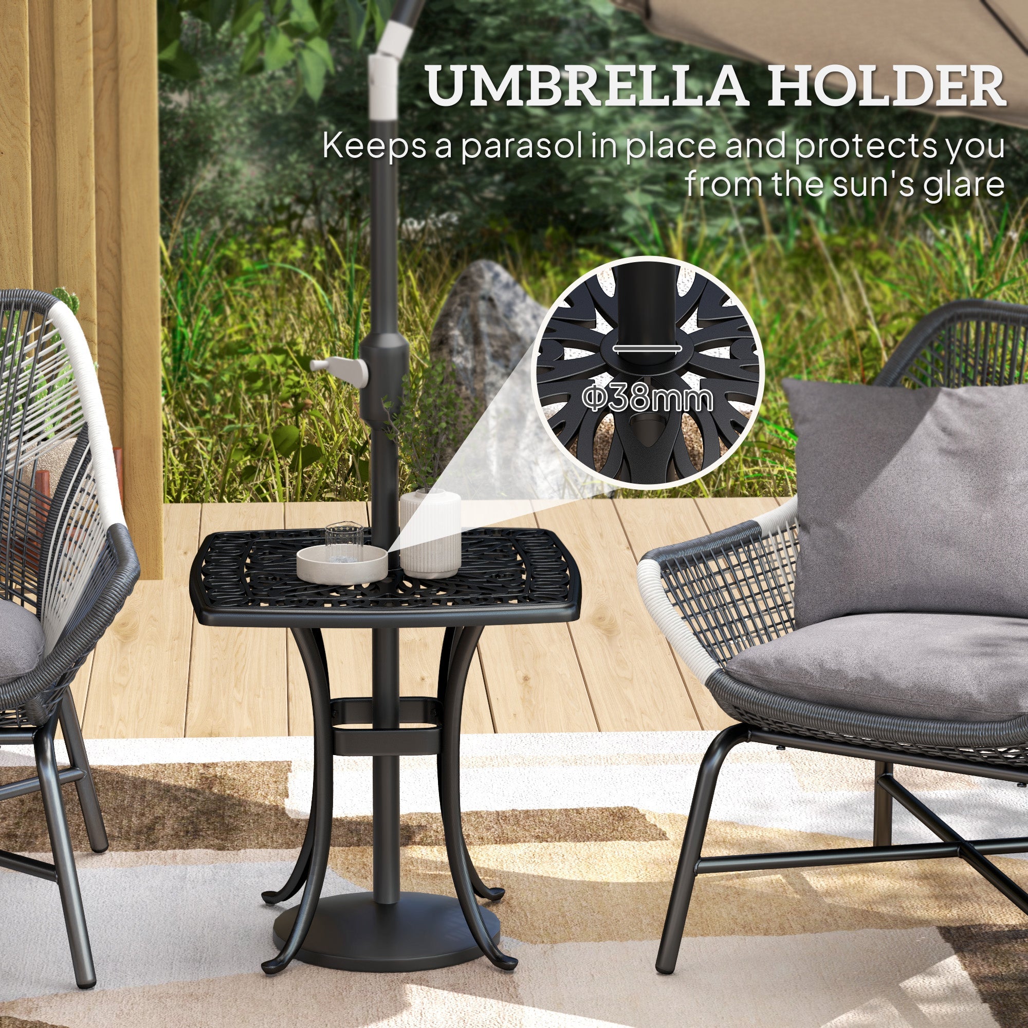 Outsunny 54 x 54cm Aluminium Outdoor Garden Side Table w/ Umbrella Hole, Black