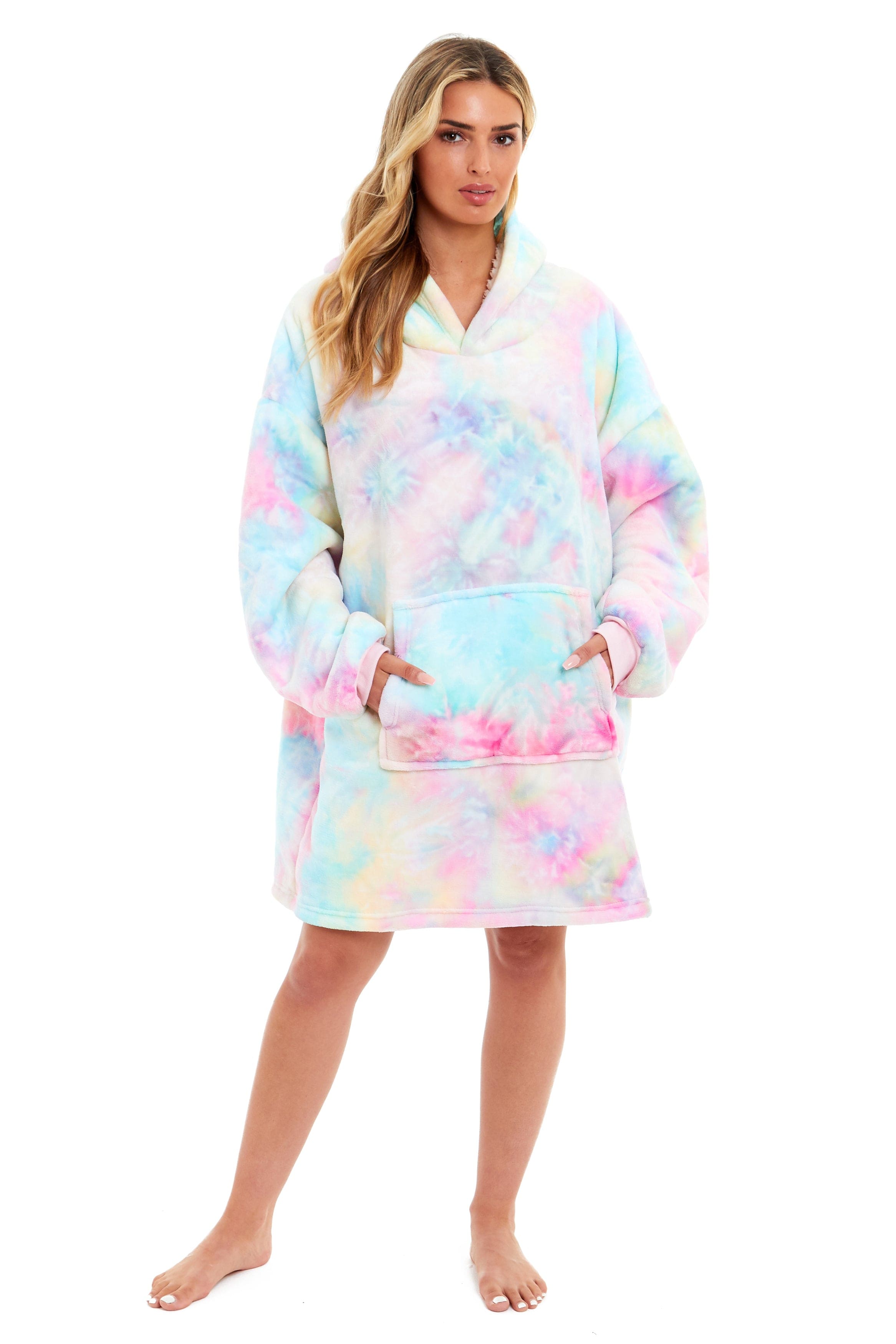 OLIVIA ROCCO Oversized Hooded Tie Dye Rainbow Plush Fleece Blanket With Reversible Sherpa Hoodie Sweatshirt For Adults And Kids Elastic Cuffs Pocket